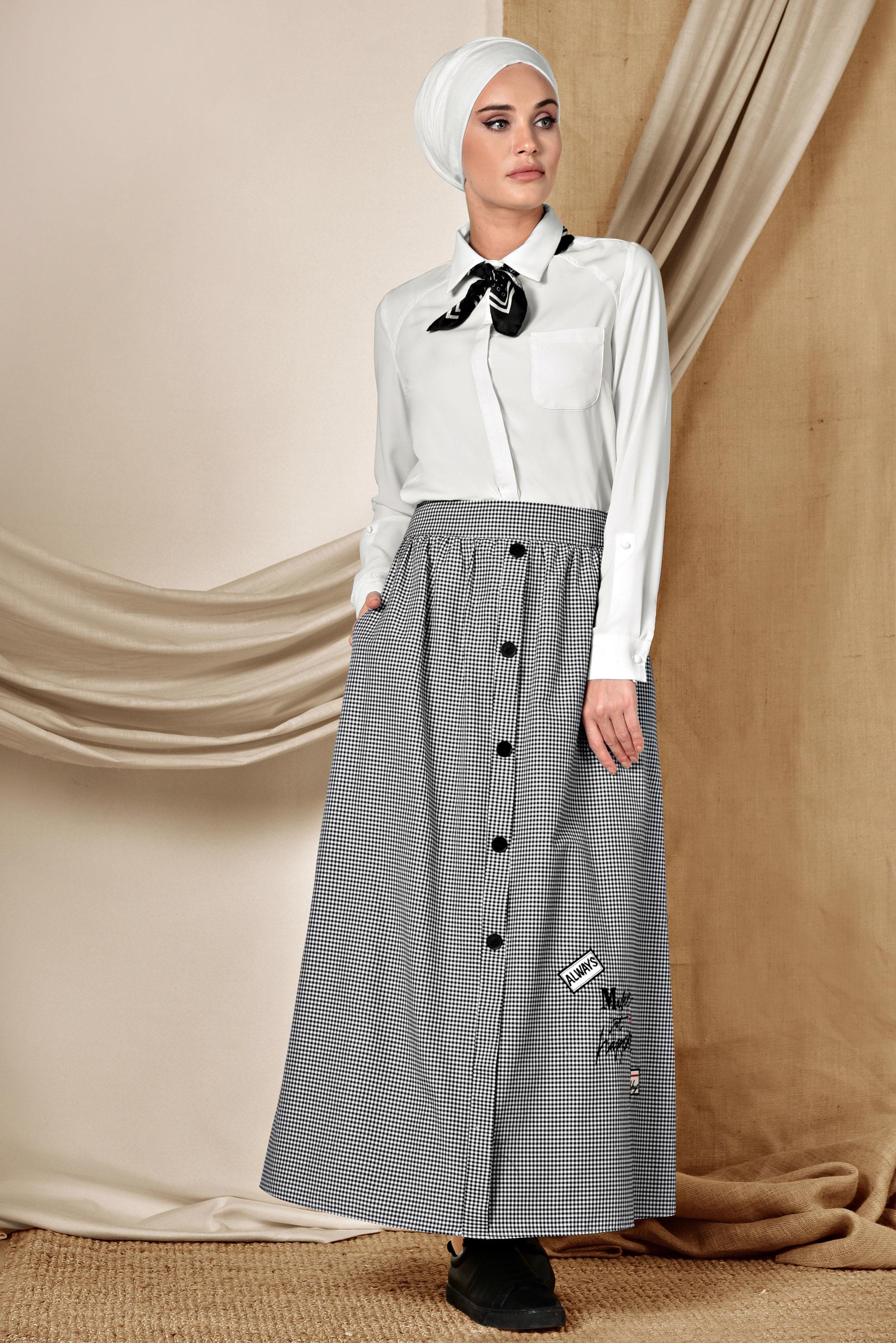 Tesettür giyim SİYAH DÜĞME DETAYLI PÖTİKARE ETEK 6356 