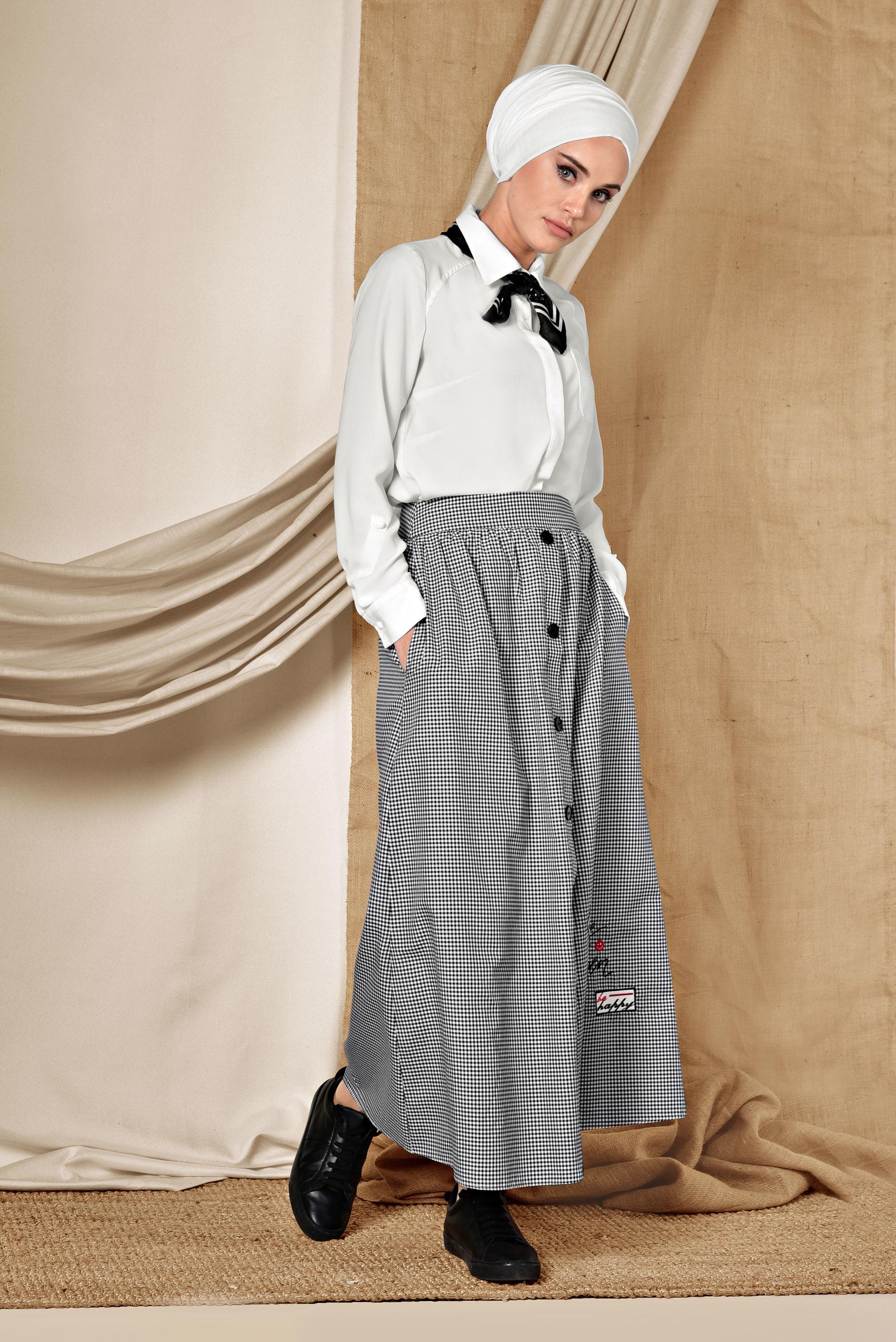 Tesettür giyim SİYAH DÜĞME DETAYLI PÖTİKARE ETEK 6356 