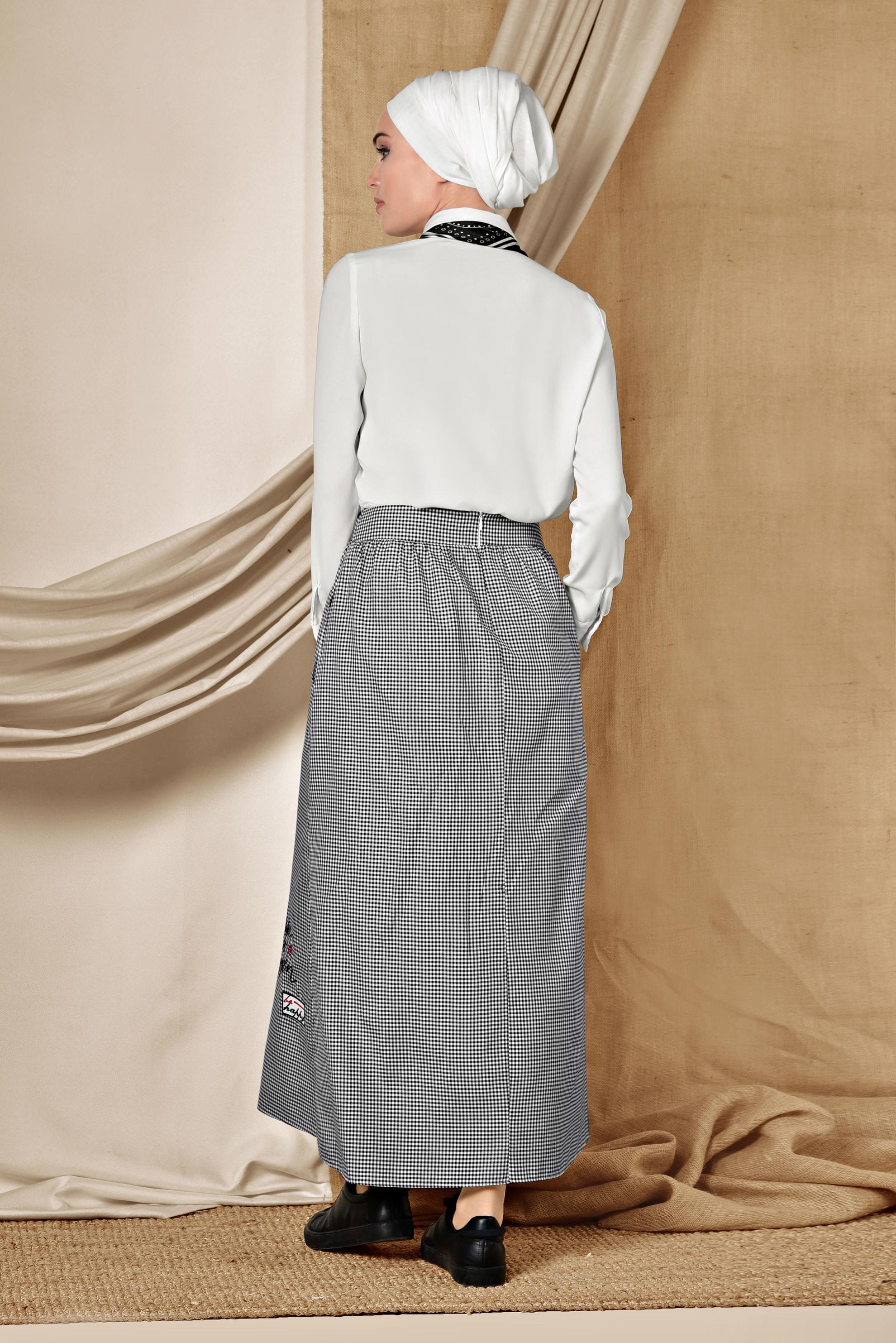 Tesettür giyim SİYAH DÜĞME DETAYLI PÖTİKARE ETEK 6356 