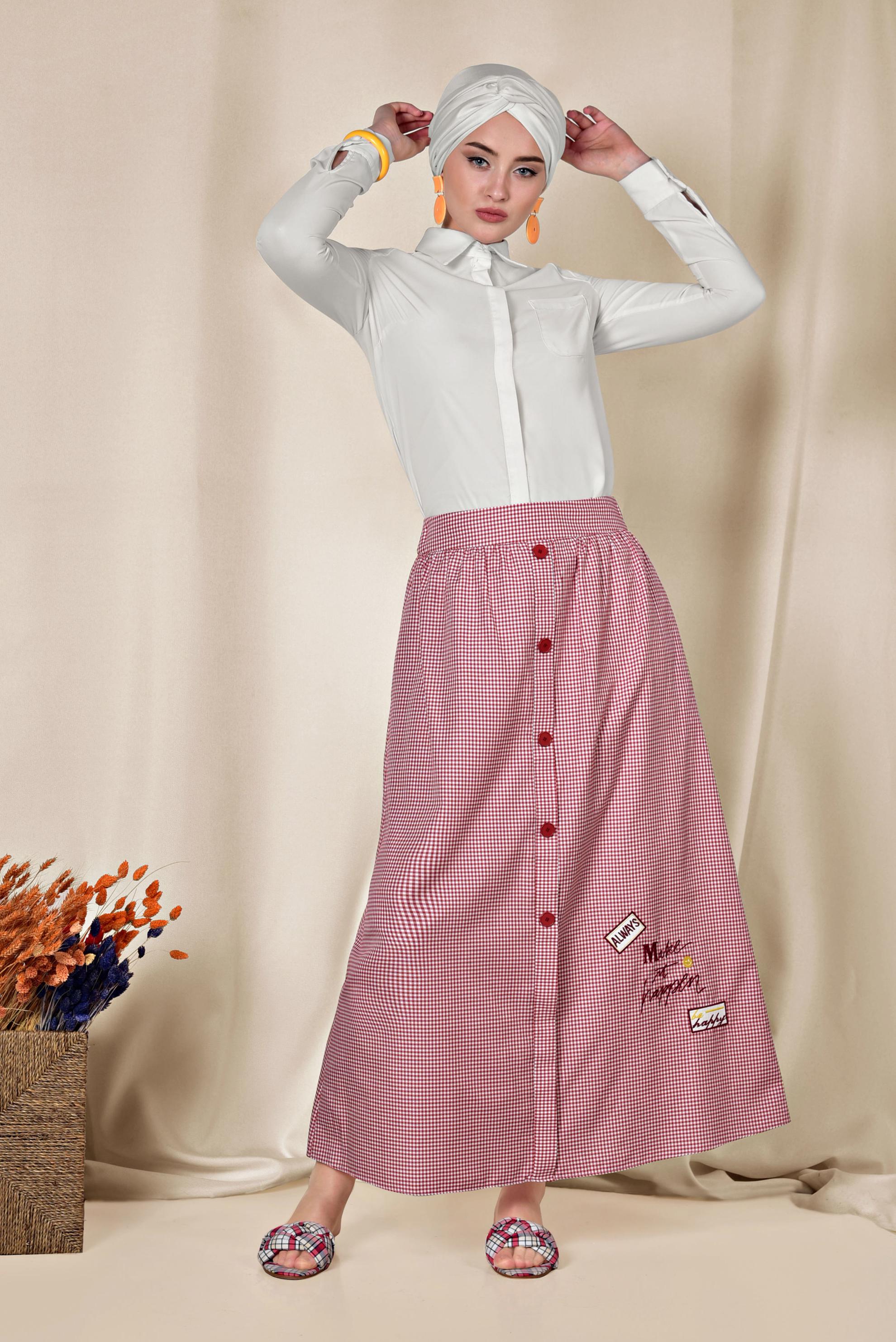 Tesettür giyim KIRMIZI DÜĞME DETAYLI PÖTİKARE ETEK 6356 