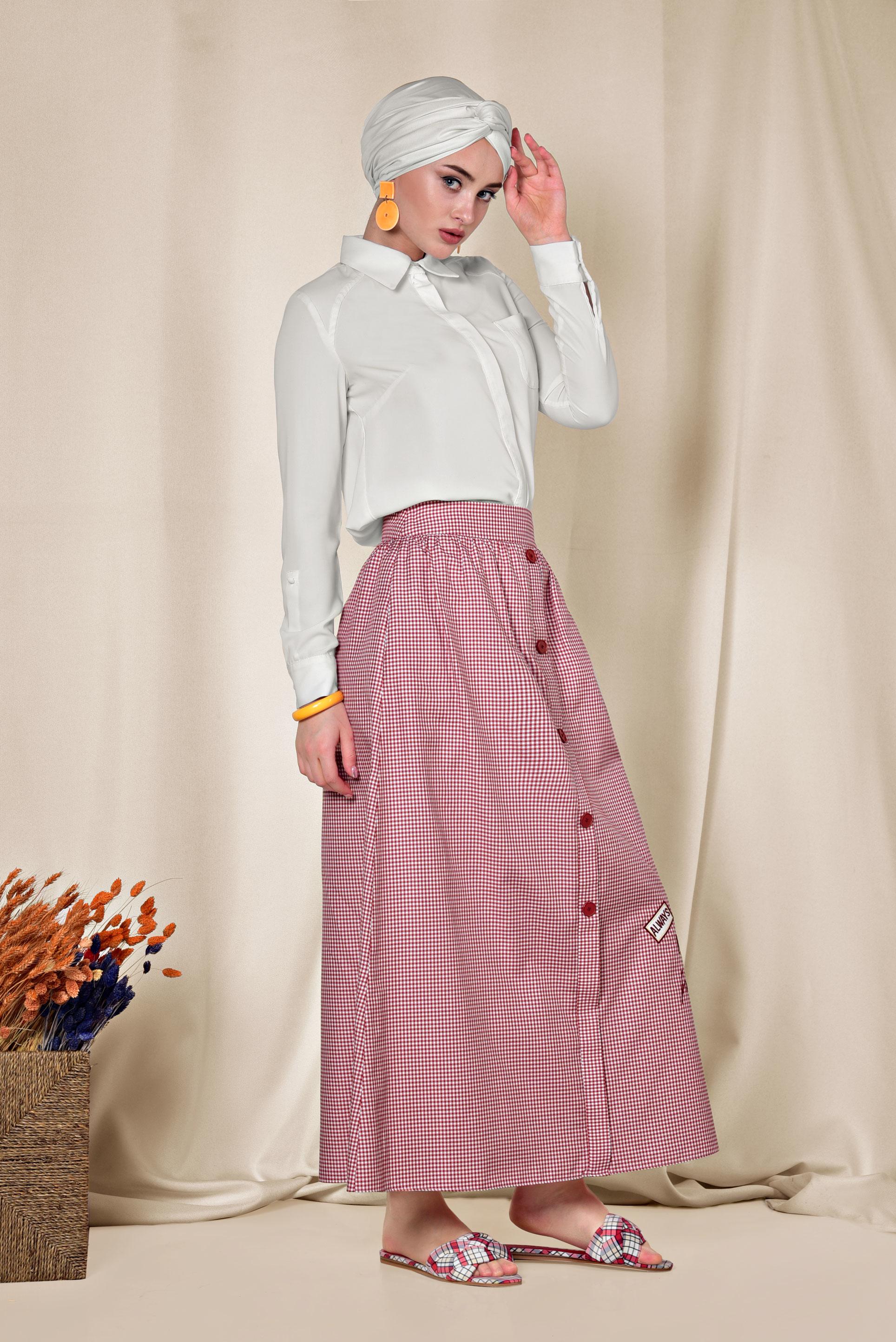 Tesettür giyim KIRMIZI DÜĞME DETAYLI PÖTİKARE ETEK 6356 