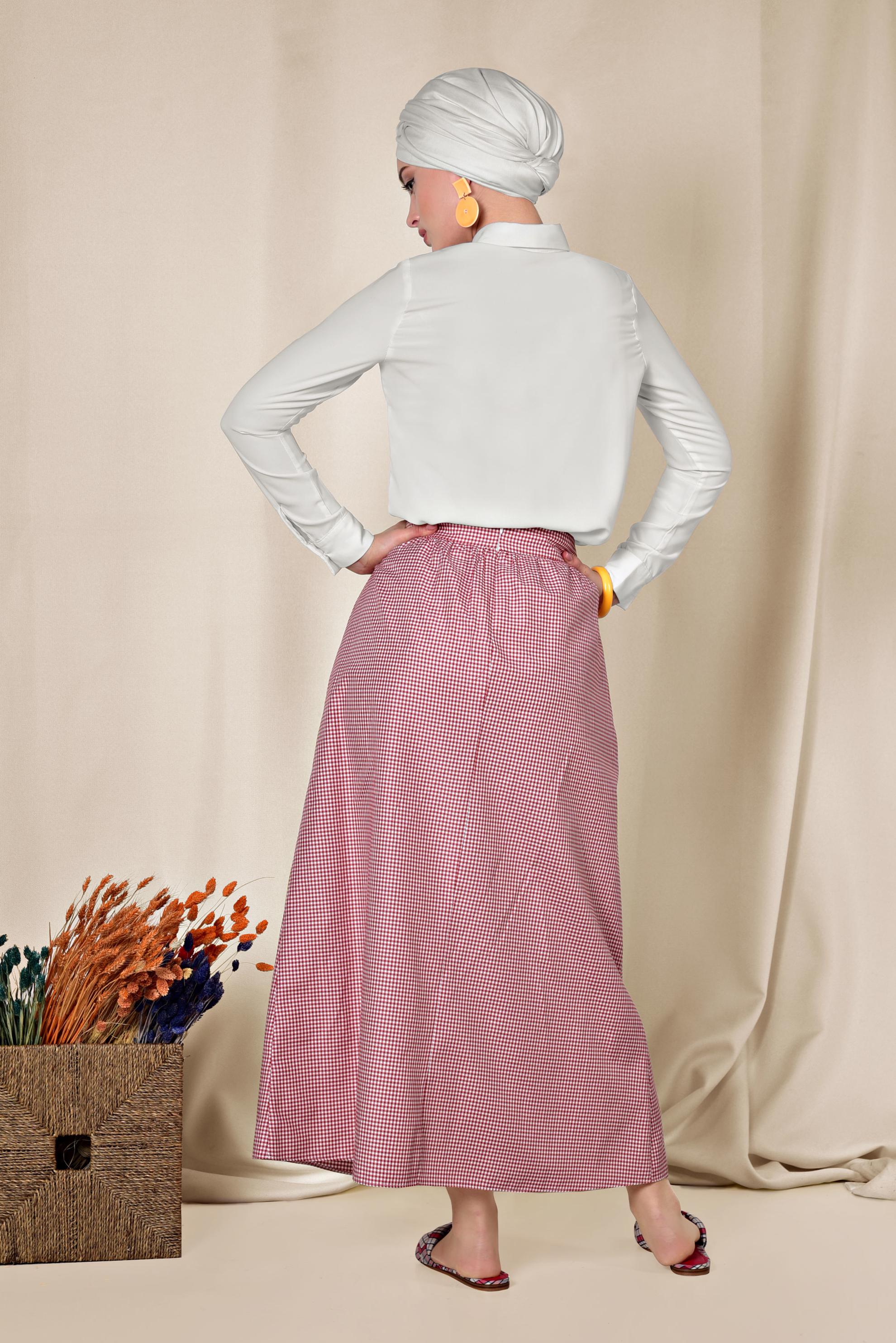 Tesettür giyim KIRMIZI DÜĞME DETAYLI PÖTİKARE ETEK 6356 