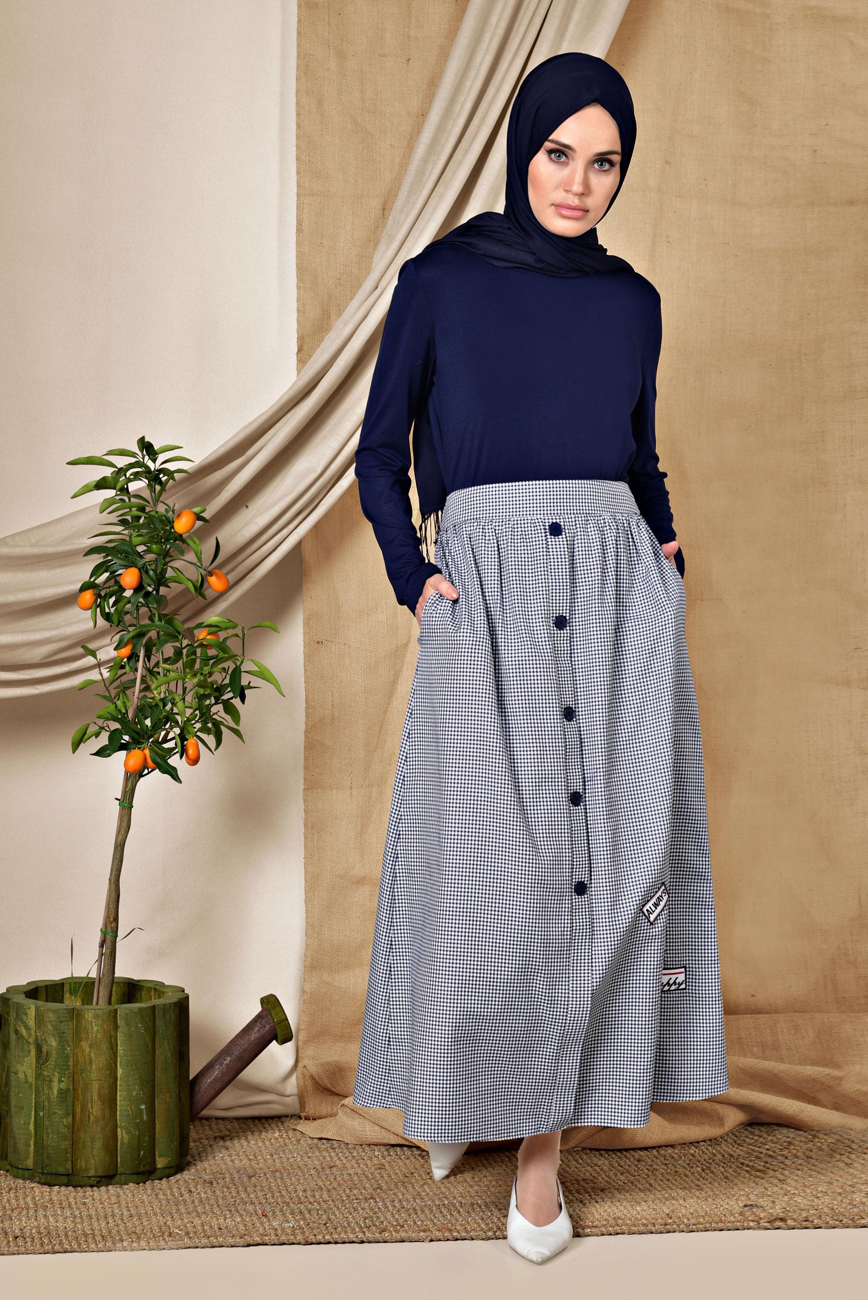 Tesettür giyim LACİVERT DÜĞME DETAYLI PÖTİKARE ETEK 6356 