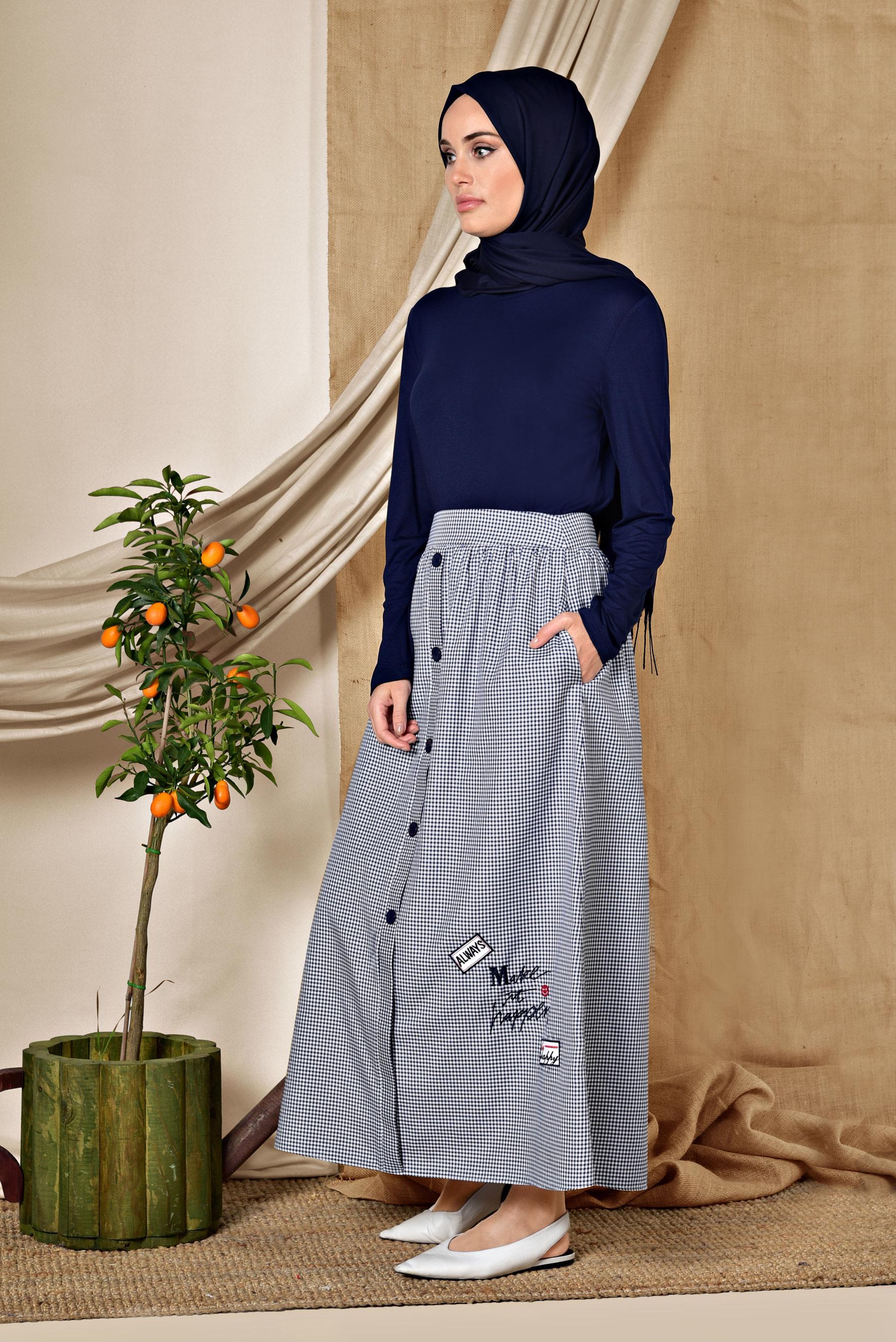 Tesettür giyim LACİVERT DÜĞME DETAYLI PÖTİKARE ETEK 6356 