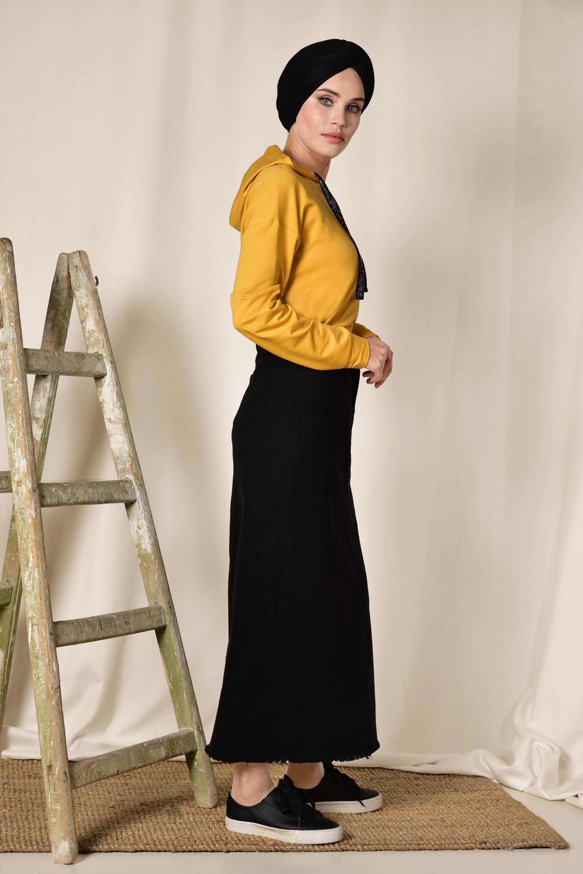 Tesettür giyim SİYAH UZUN DENİM ETEK 6359 