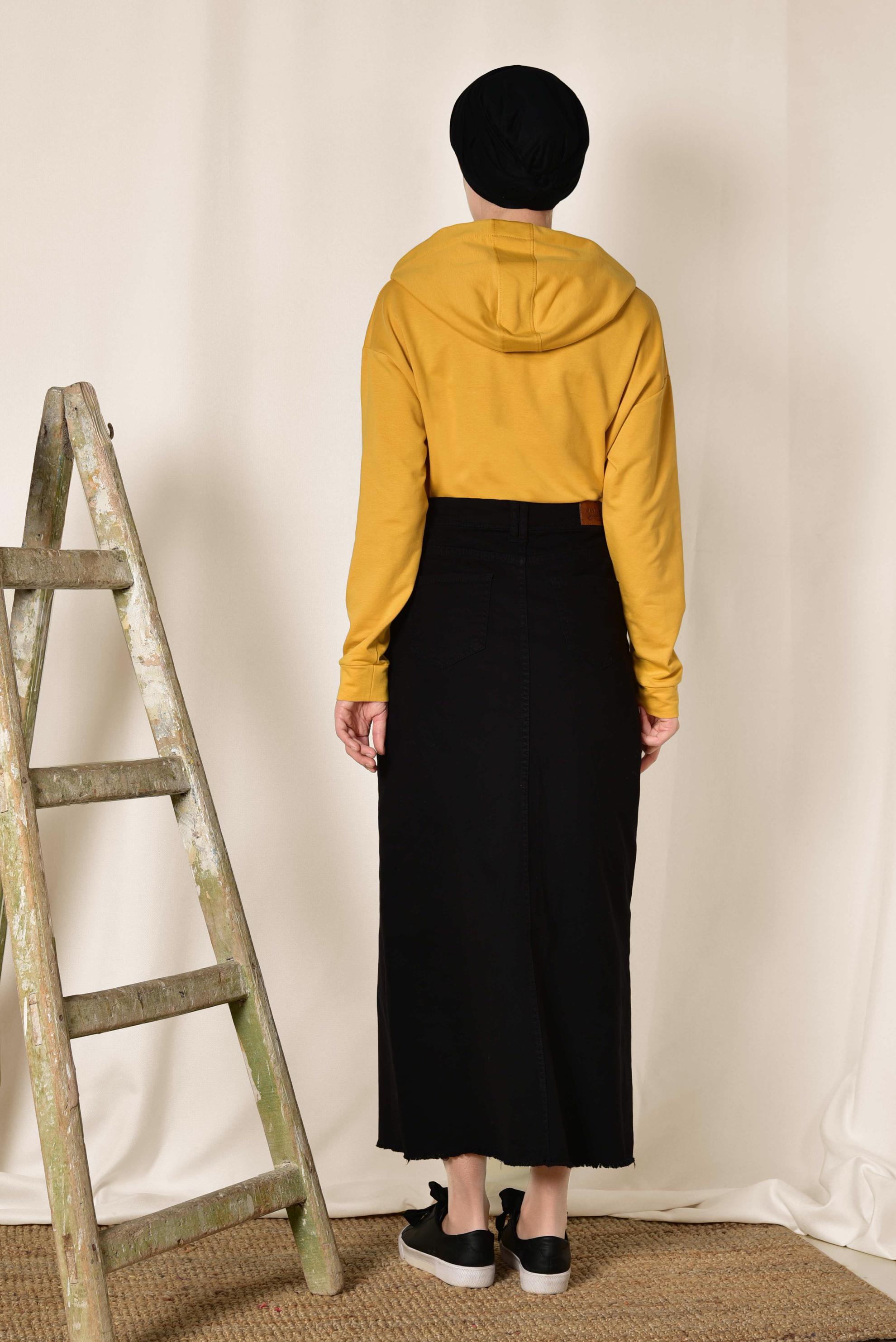 Tesettür giyim SİYAH UZUN DENİM ETEK 6359 