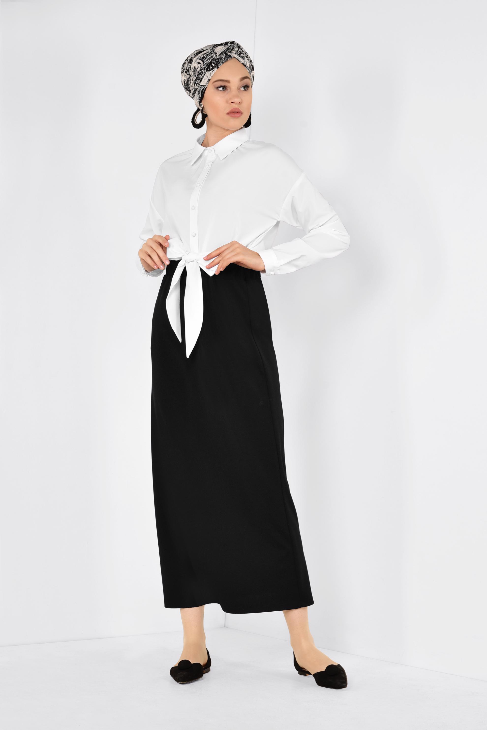 Tesettür giyim SİYAH BELİ LASTİKLİ DÜZ KESİM ETEK 6363