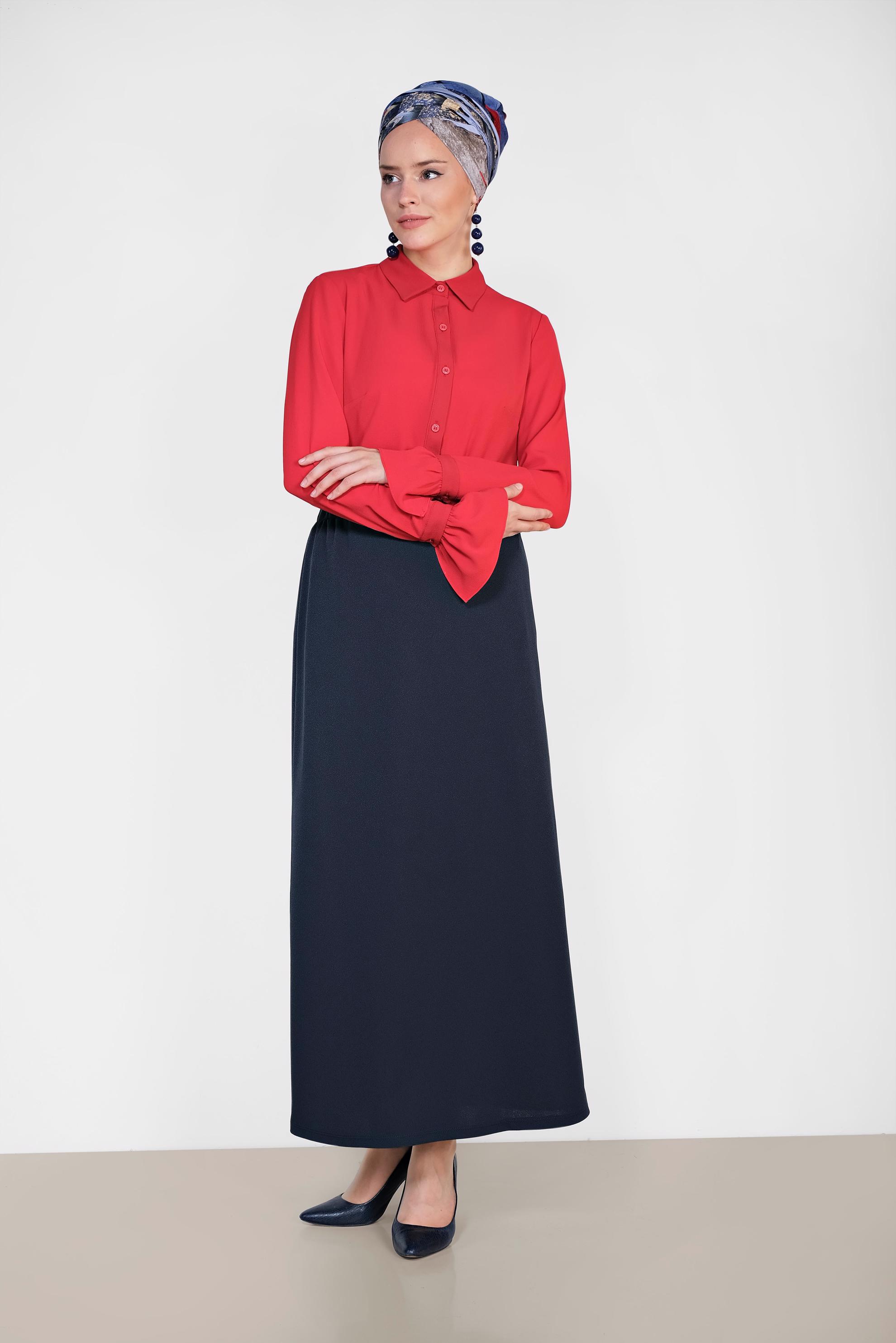 Tesettür giyim LACİVERT BELİ LASTİKLİ DÜZ KESİM ETEK 6363