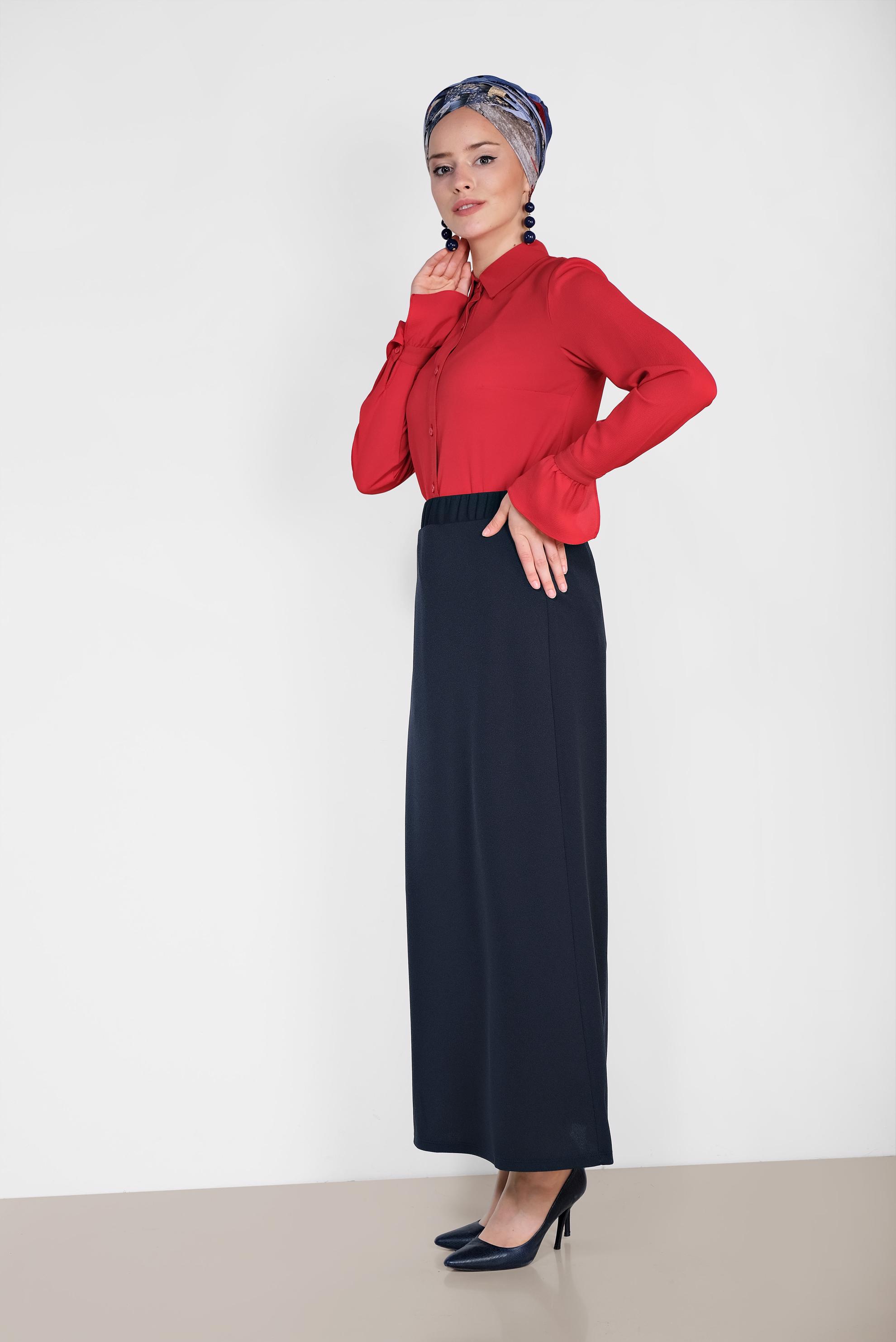 Tesettür giyim LACİVERT BELİ LASTİKLİ DÜZ KESİM ETEK 6363