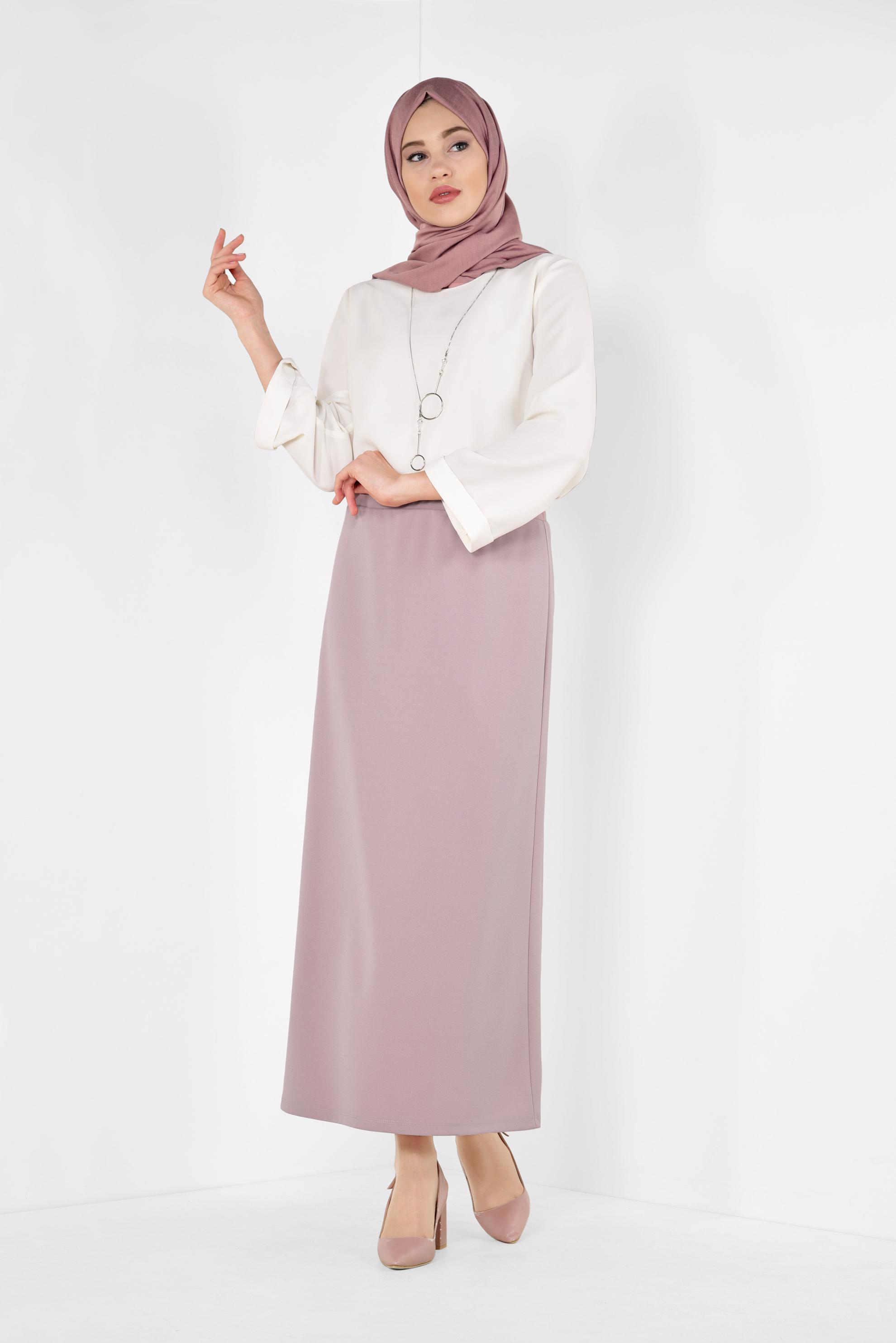 Tesettür giyim PUDRA BELİ LASTİKLİ DÜZ KESİM ETEK 6363