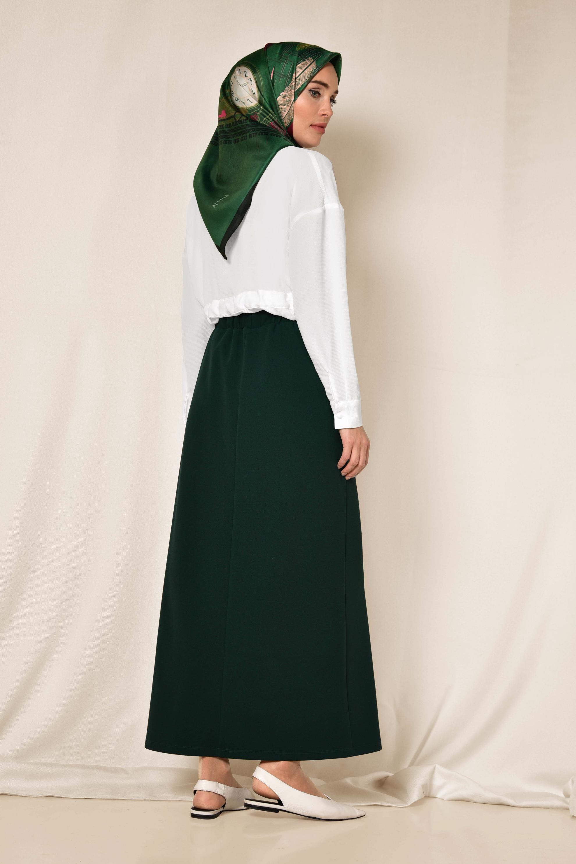 Tesettür giyim YEŞİL BELİ LASTİKLİ DÜZ KESİM ETEK 6363