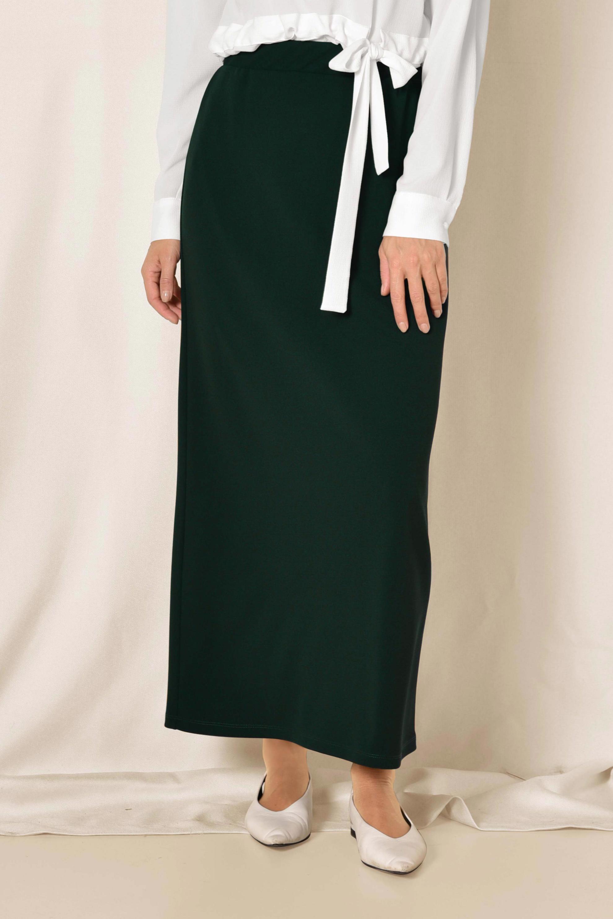 Tesettür giyim YEŞİL BELİ LASTİKLİ DÜZ KESİM ETEK 6363