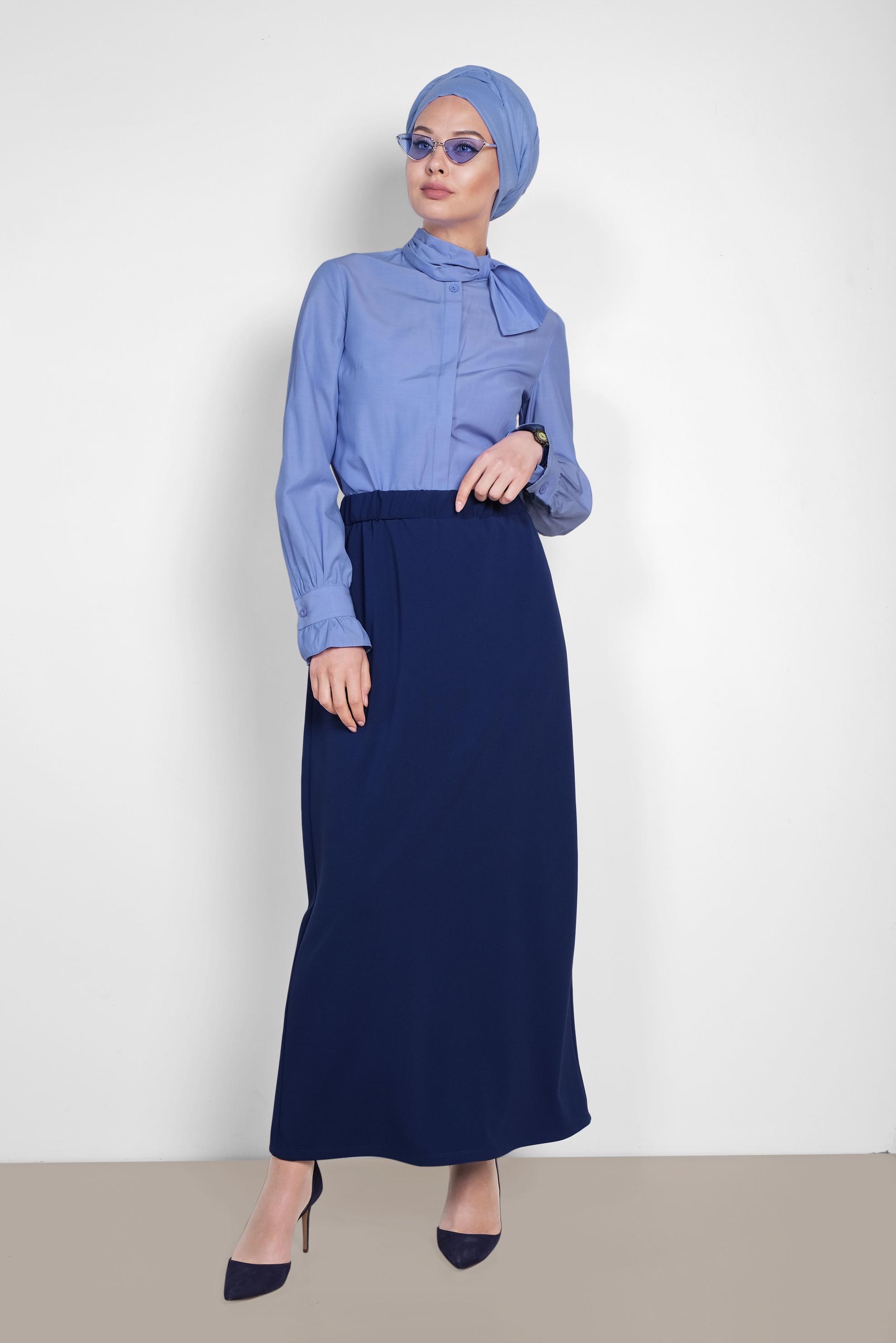 Tesettür giyim LACİVERT BELİ LASTİKLİ DÜZ KESİM ETEK 6363