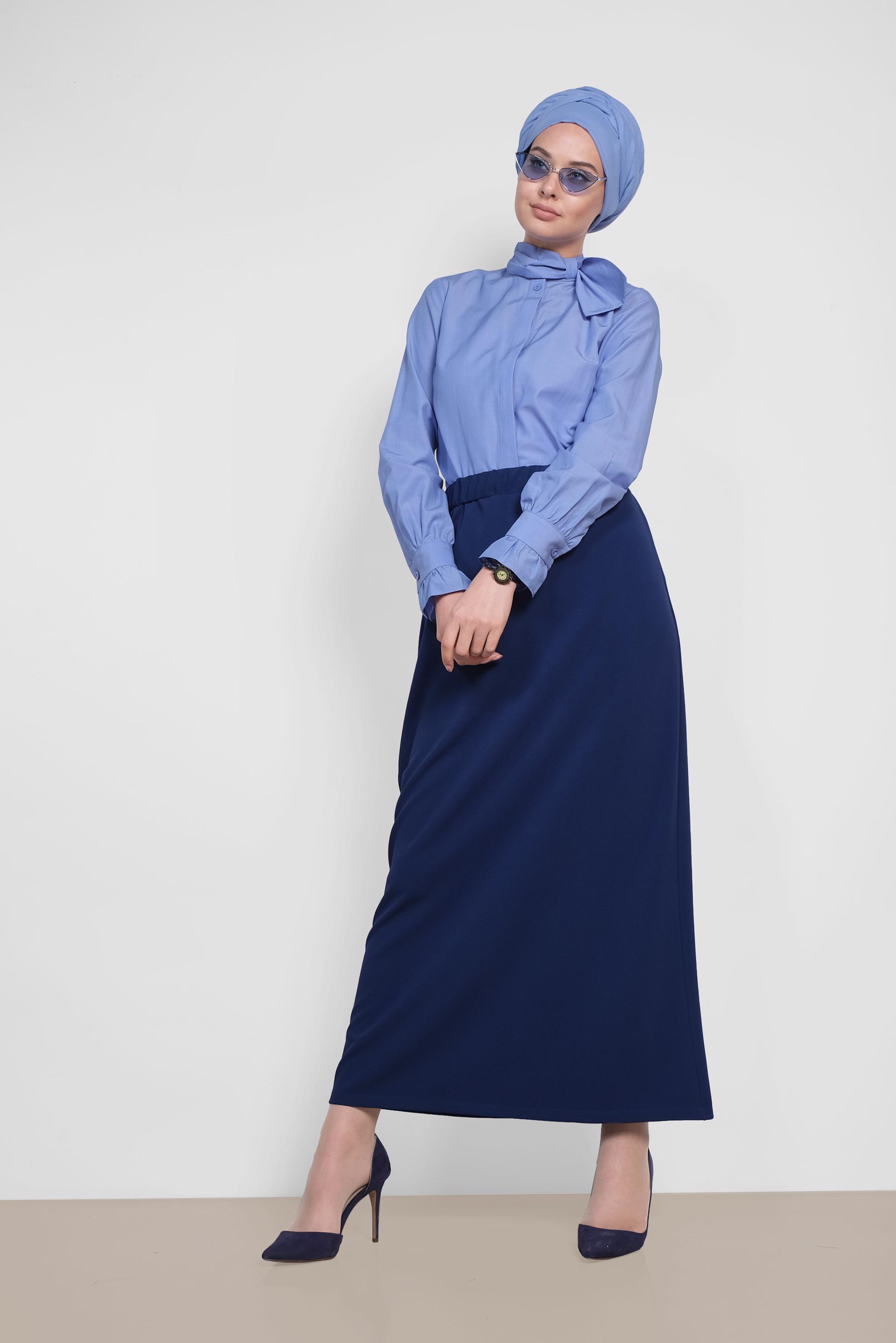 Tesettür giyim LACİVERT BELİ LASTİKLİ DÜZ KESİM ETEK 6363