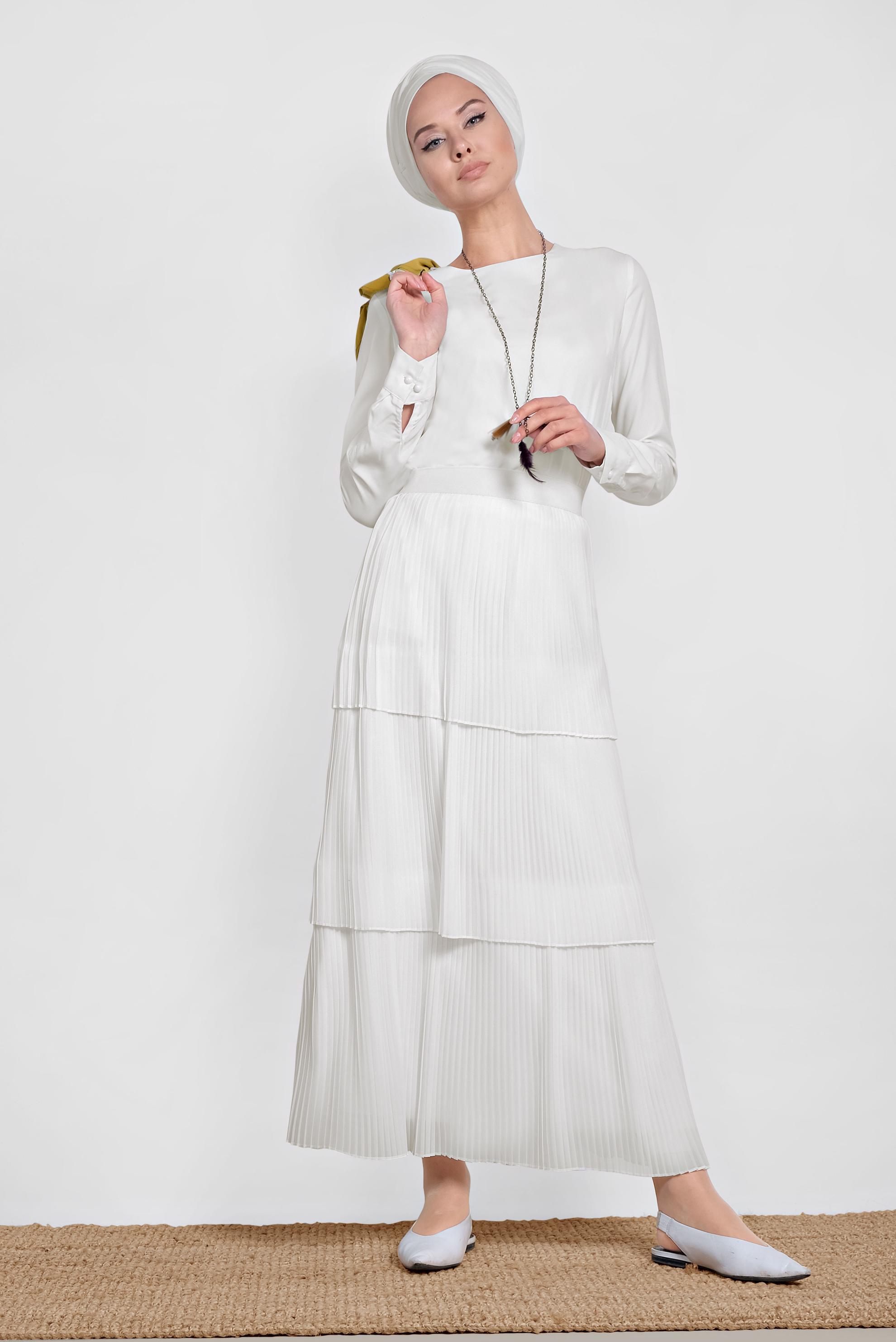 Tesettür giyim BEYAZ KAT KAT PİLİSELİ ŞİFON ETEK 6365 