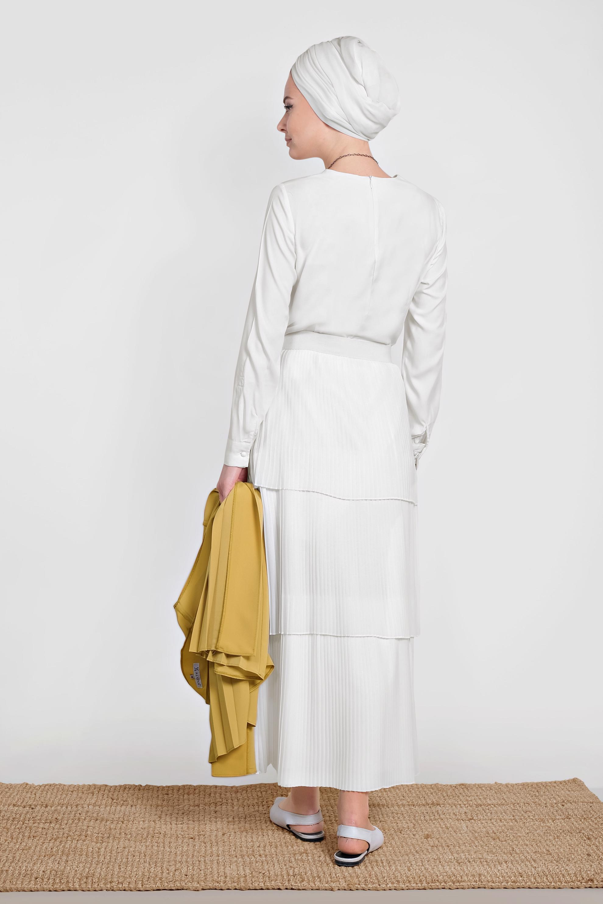 Tesettür giyim BEYAZ KAT KAT PİLİSELİ ŞİFON ETEK 6365 