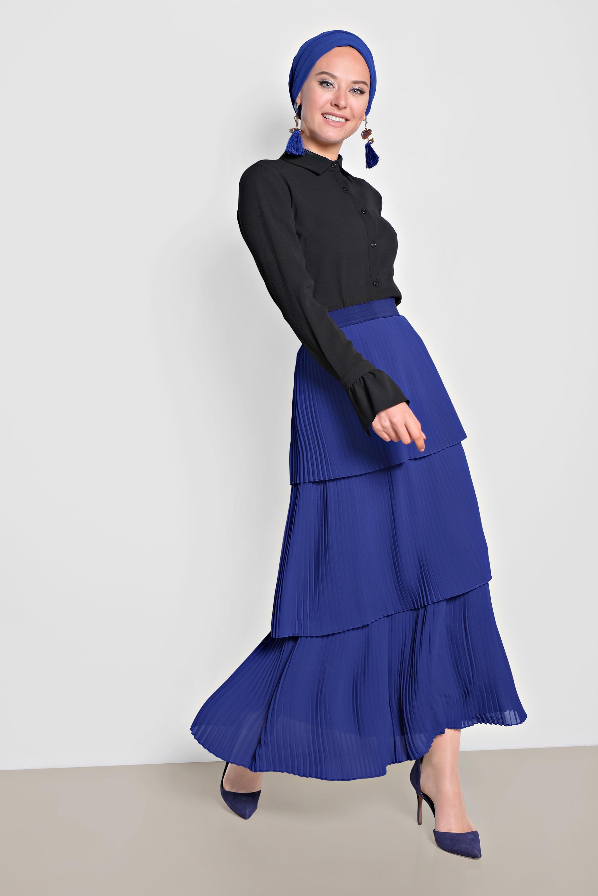 Tesettür giyim LACİVERT KAT KAT PİLİSELİ ŞİFON ETEK 6365 