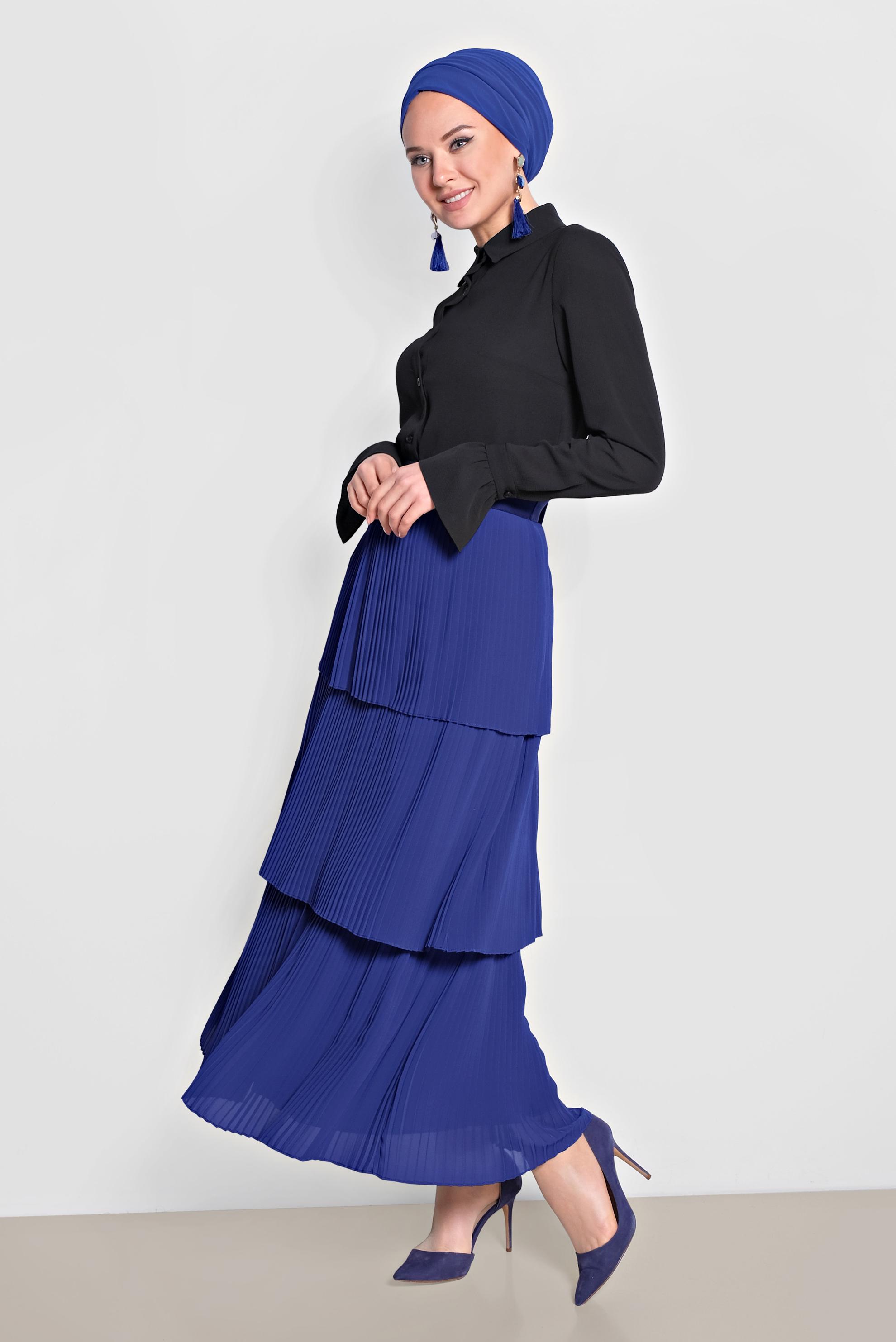 Tesettür giyim LACİVERT KAT KAT PİLİSELİ ŞİFON ETEK 6365 