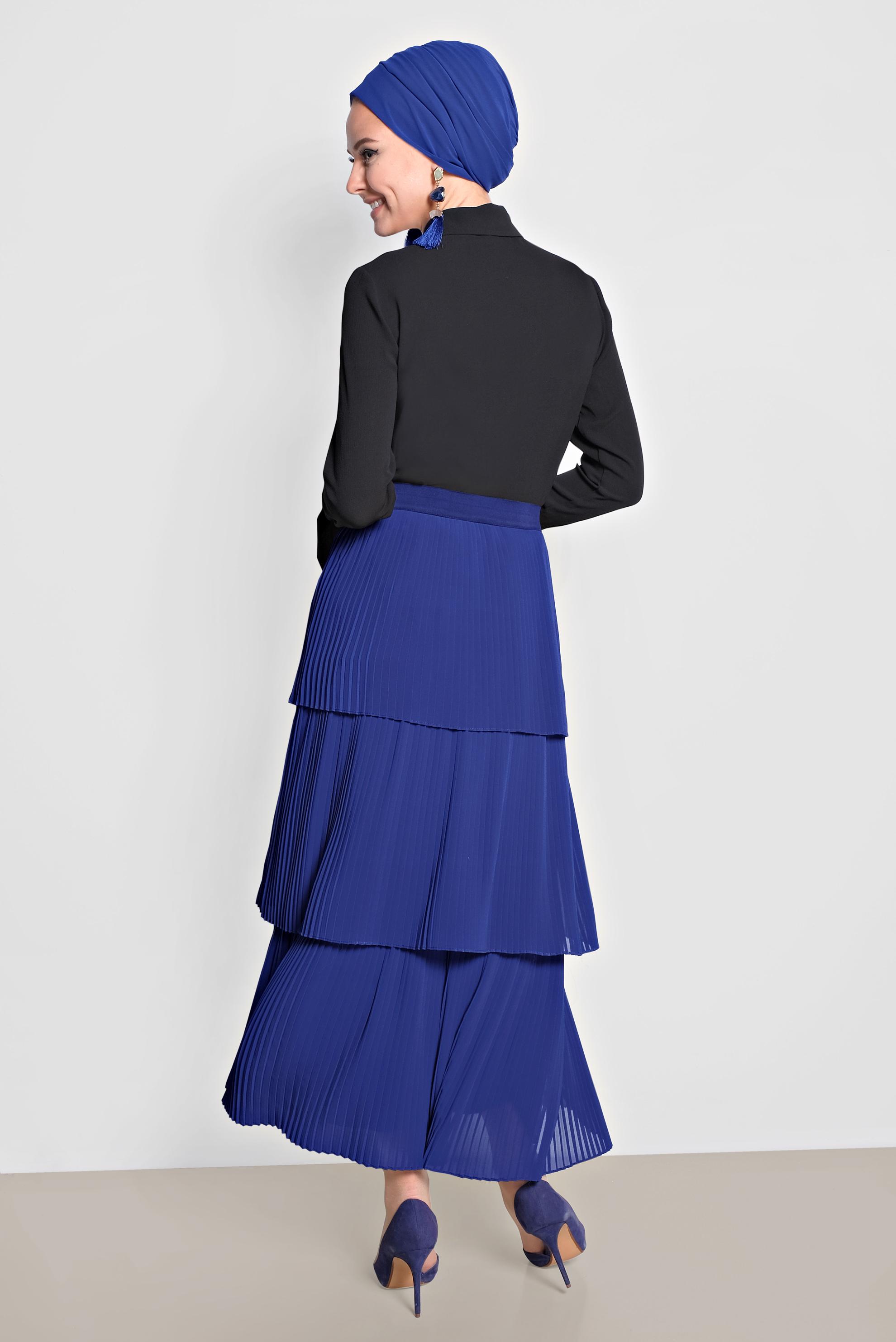 Tesettür giyim LACİVERT KAT KAT PİLİSELİ ŞİFON ETEK 6365 