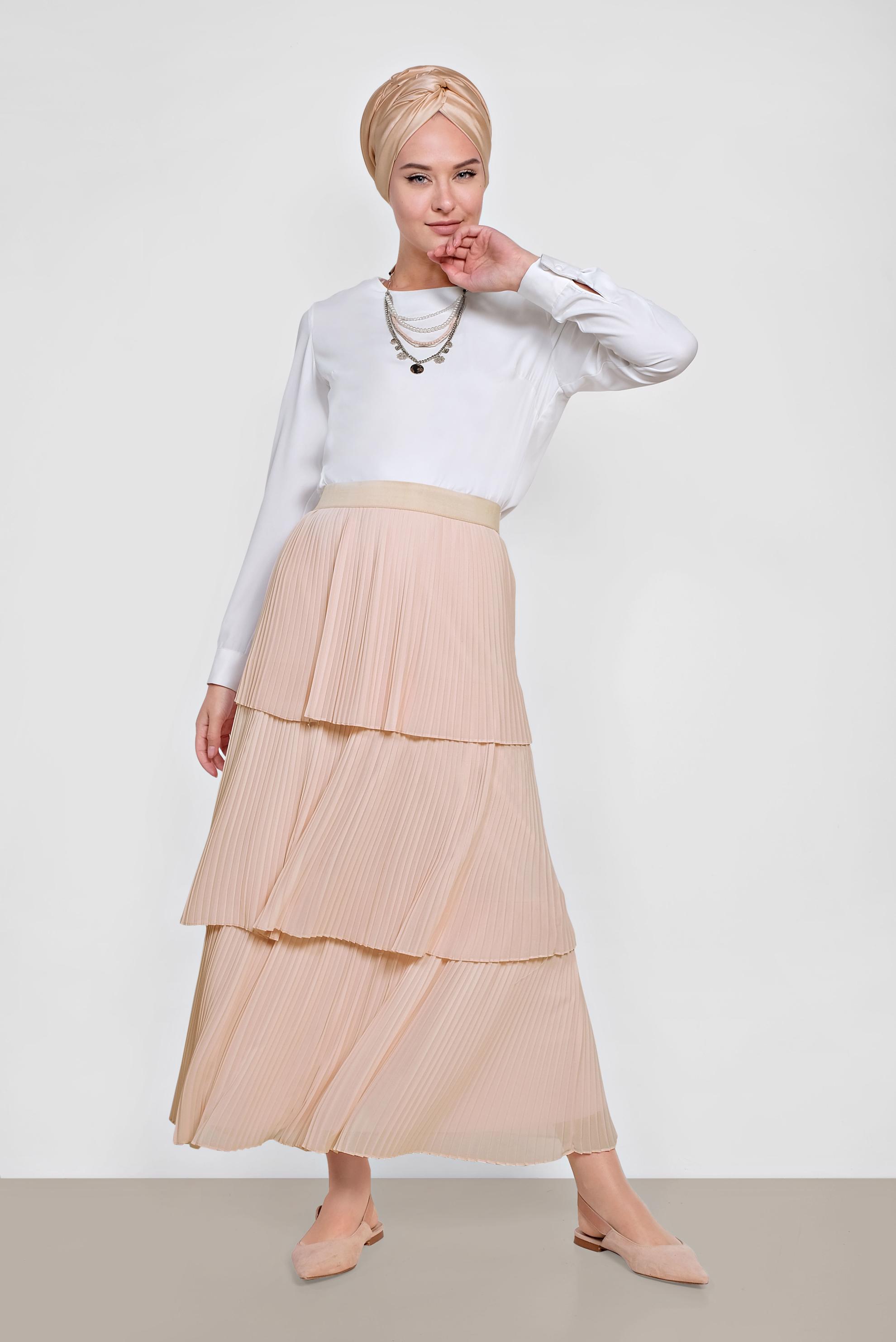 Tesettür giyim PUDRA KAT KAT PİLİSELİ ŞİFON ETEK 6365 