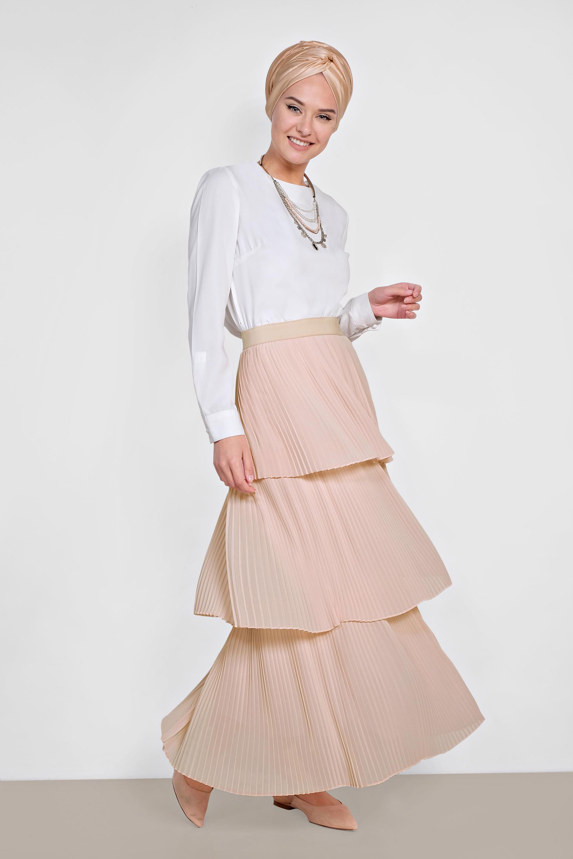 Tesettür giyim PUDRA KAT KAT PİLİSELİ ŞİFON ETEK 6365 