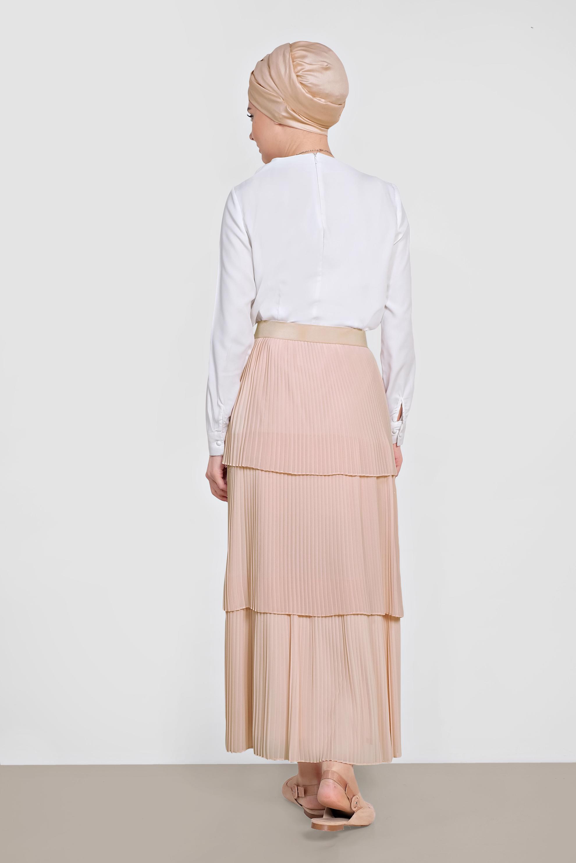Tesettür giyim PUDRA KAT KAT PİLİSELİ ŞİFON ETEK 6365 