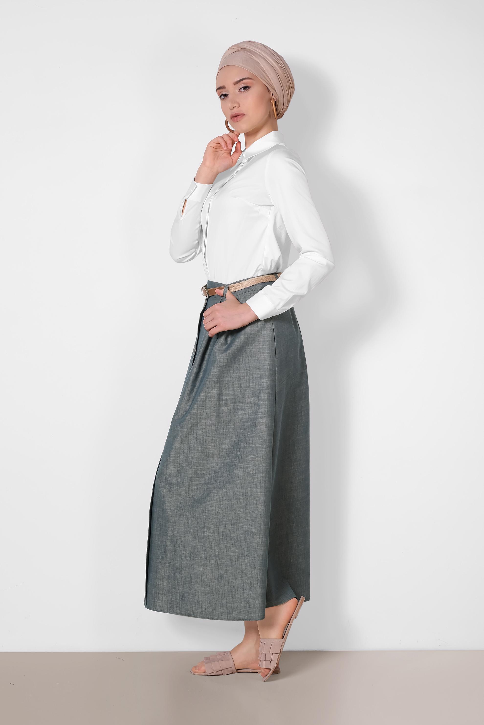 Tesettür giyim MAVİ HASIR KEMERLİ DÜĞME DETAYLI ETEK 6367