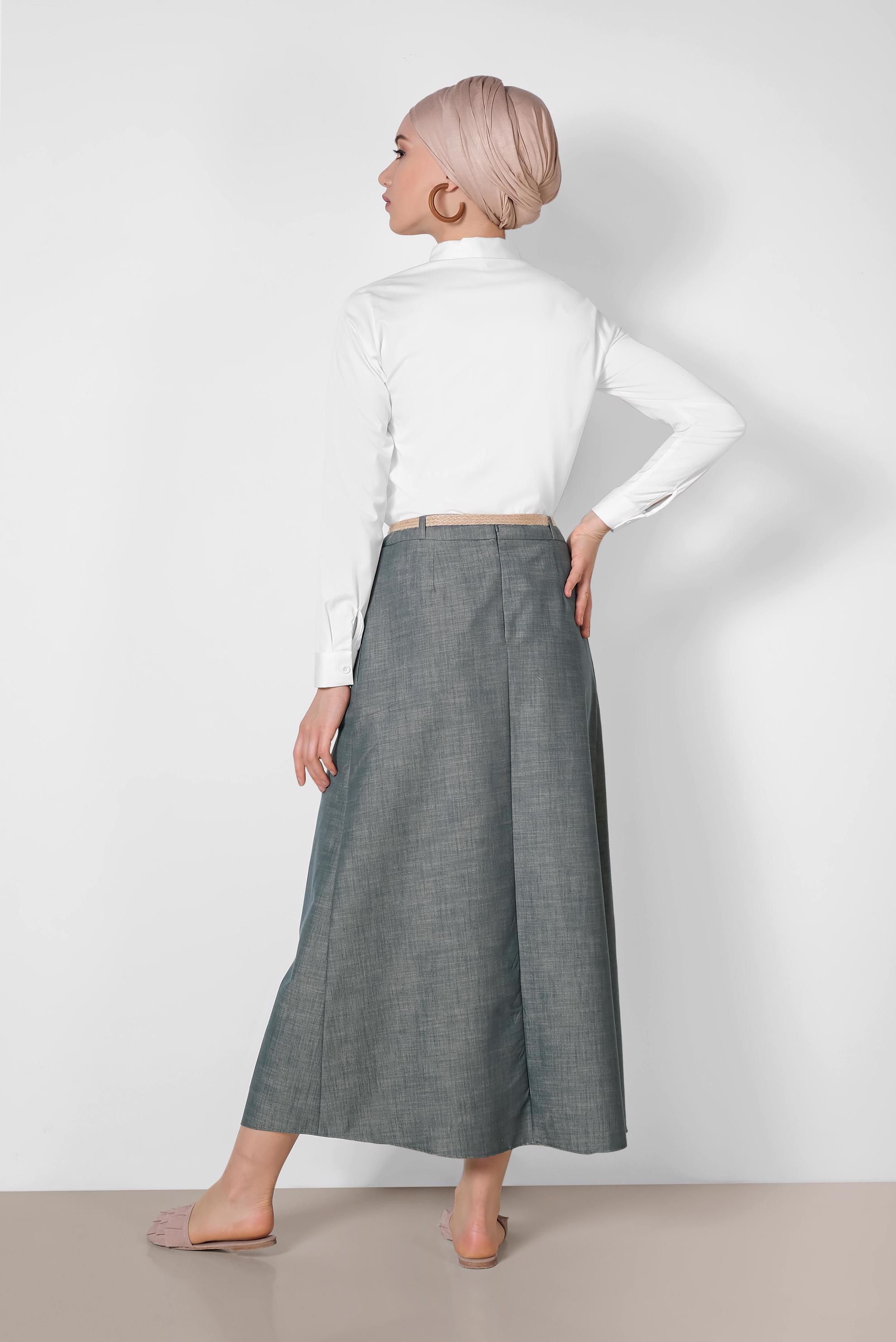 Tesettür giyim MAVİ HASIR KEMERLİ DÜĞME DETAYLI ETEK 6367