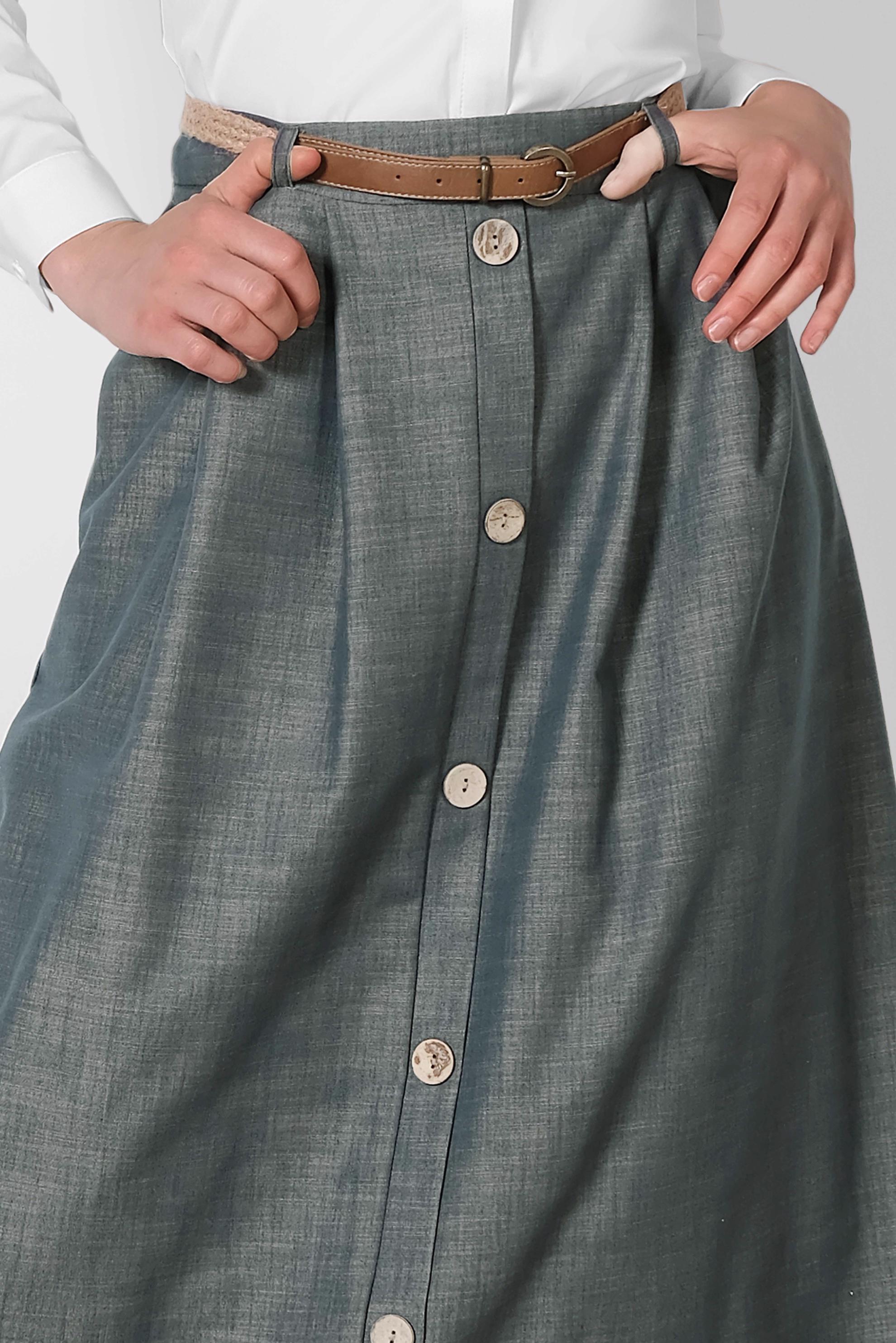 Tesettür giyim MAVİ HASIR KEMERLİ DÜĞME DETAYLI ETEK 6367