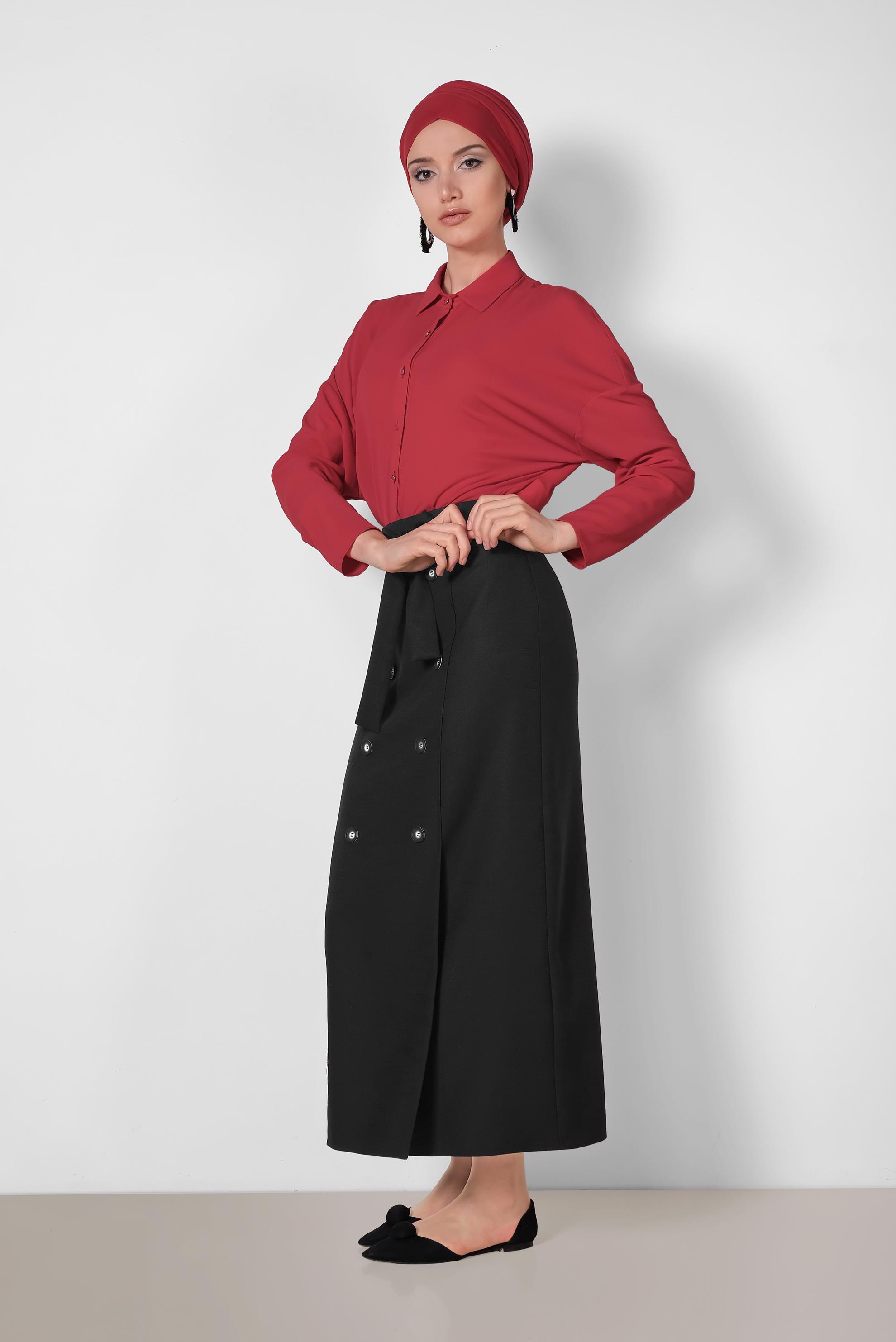 Tesettür giyim SİYAH BELİ BAĞCIKLI DÜĞME DETAYLI ETEK 6371