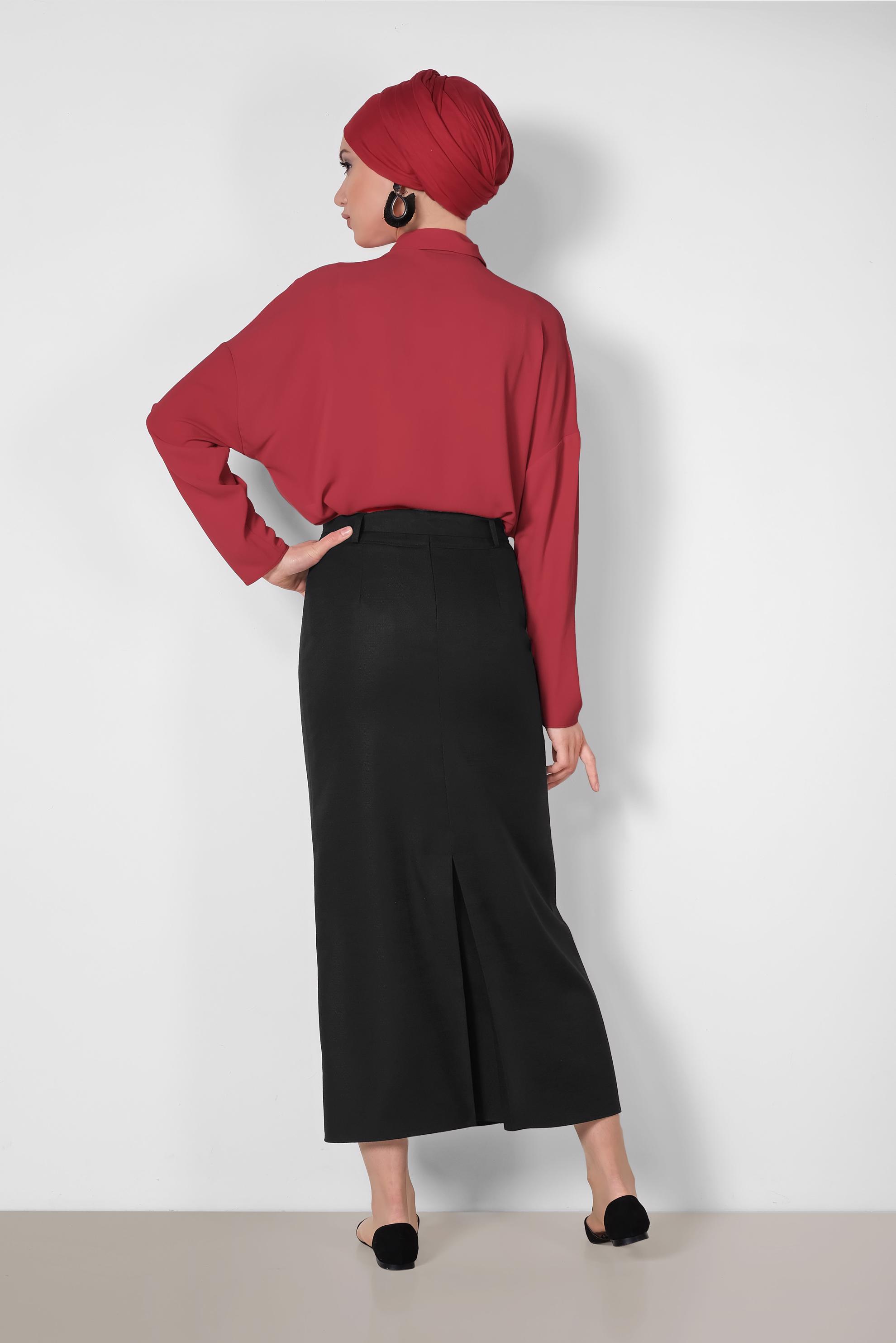 Tesettür giyim SİYAH BELİ BAĞCIKLI DÜĞME DETAYLI ETEK 6371