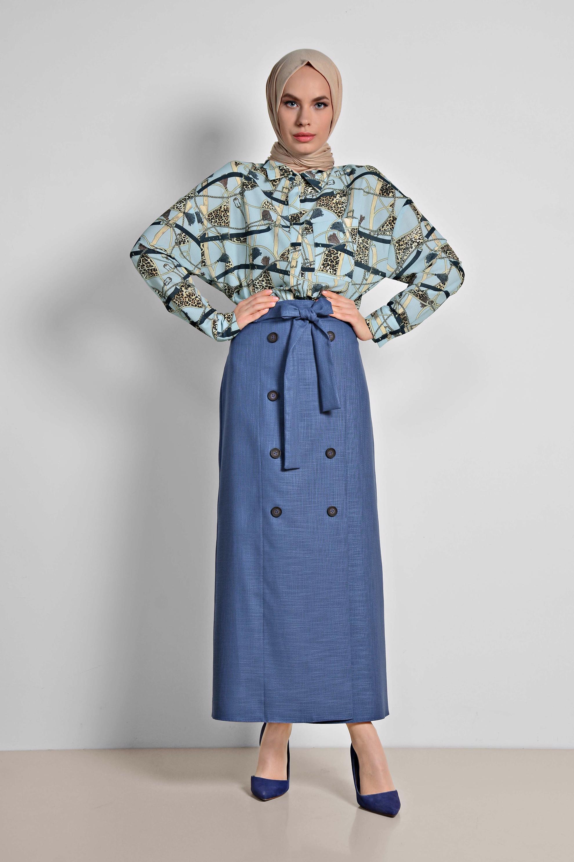 Tesettür giyim LACİVERT BELİ BAĞCIKLI DÜĞME DETAYLI ETEK 6371