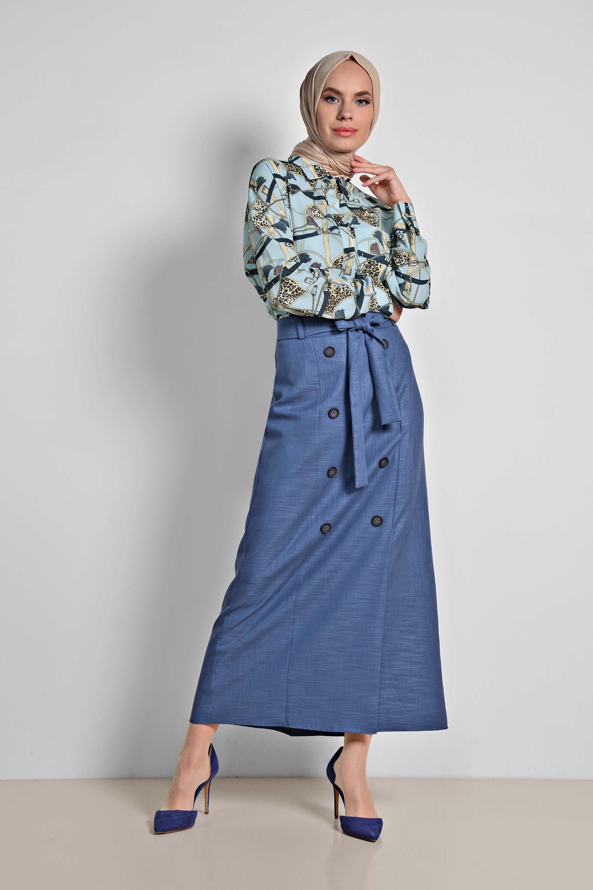 Tesettür giyim LACİVERT BELİ BAĞCIKLI DÜĞME DETAYLI ETEK 6371
