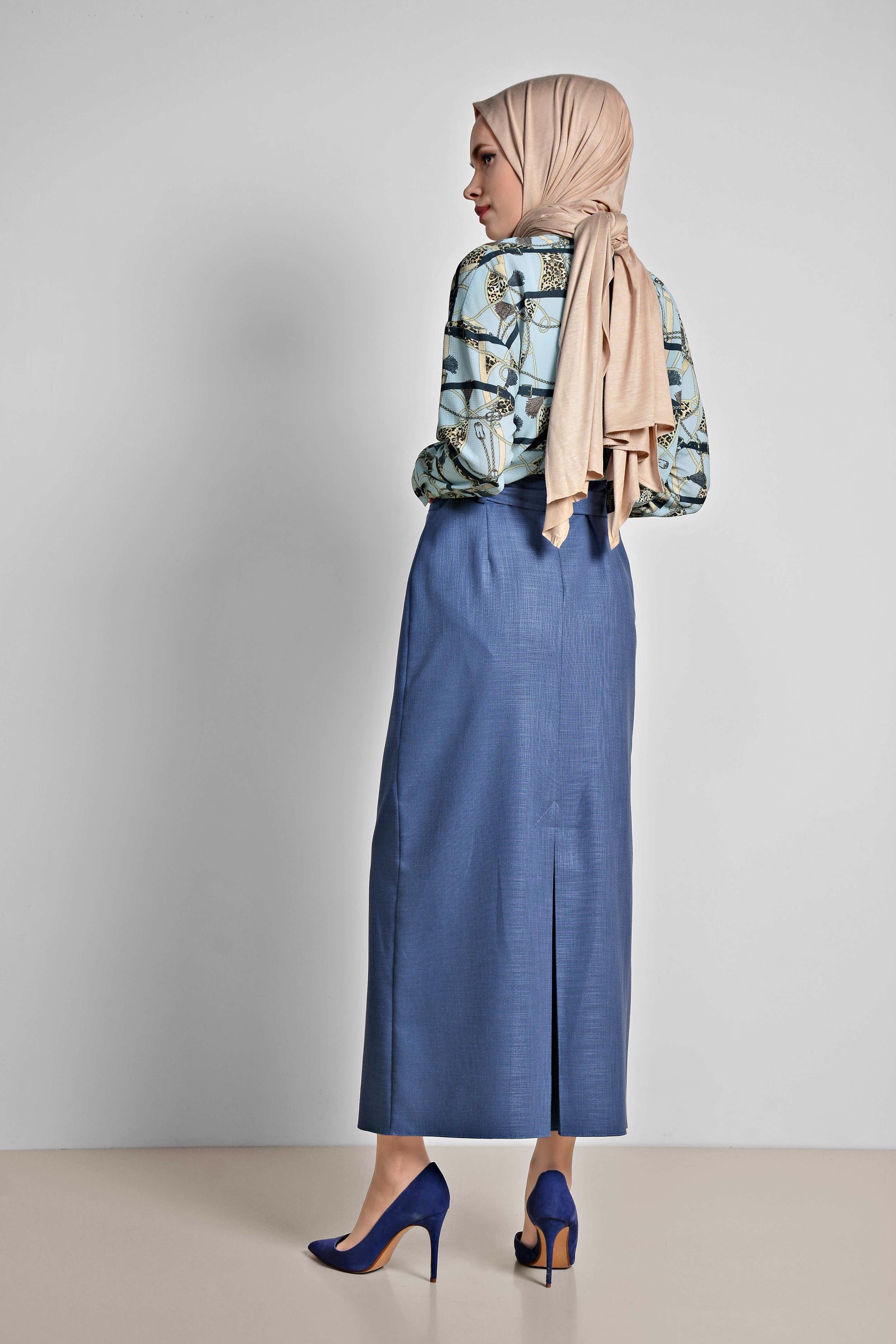 Tesettür giyim LACİVERT BELİ BAĞCIKLI DÜĞME DETAYLI ETEK 6371