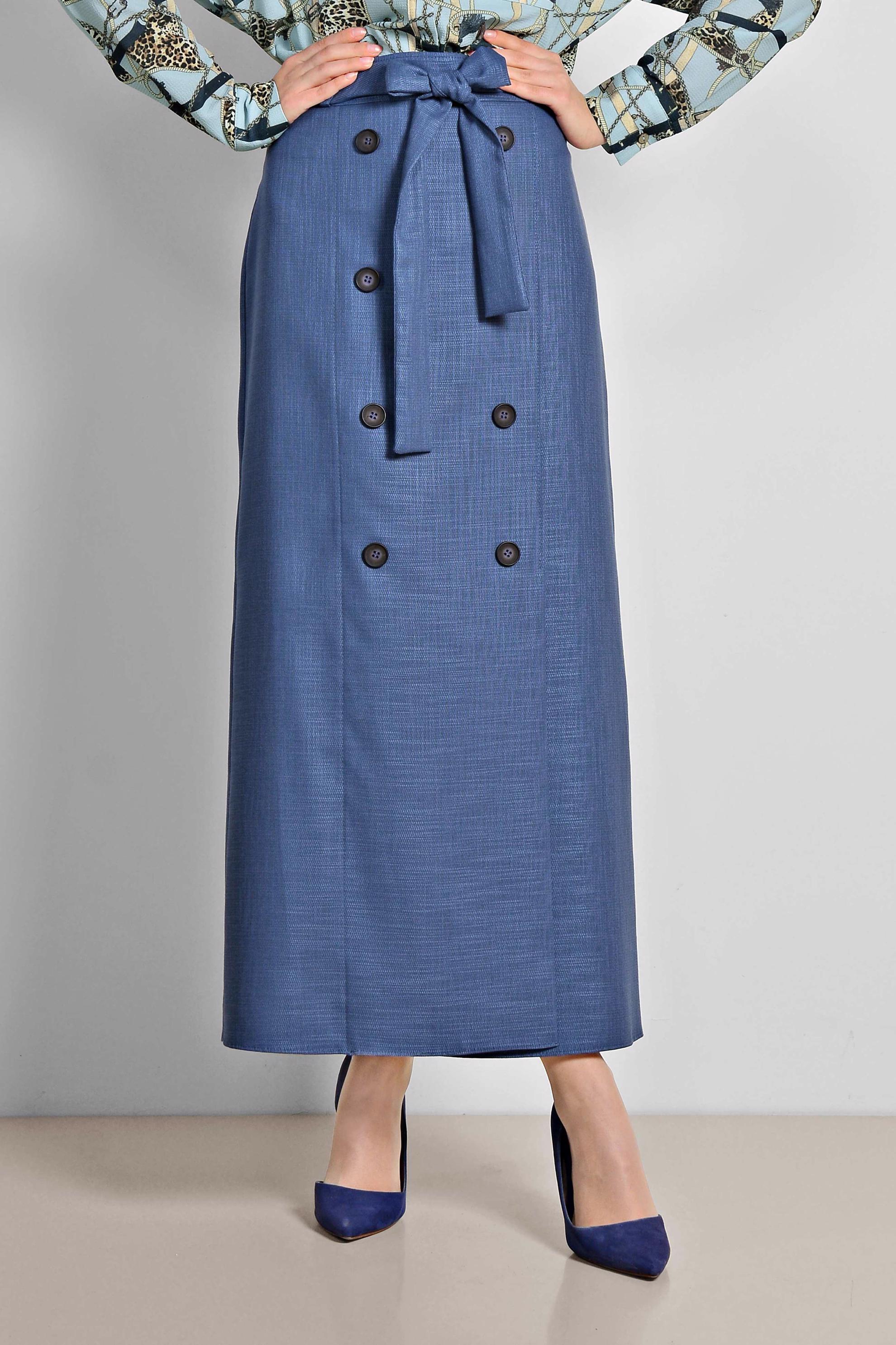 Tesettür giyim LACİVERT BELİ BAĞCIKLI DÜĞME DETAYLI ETEK 6371