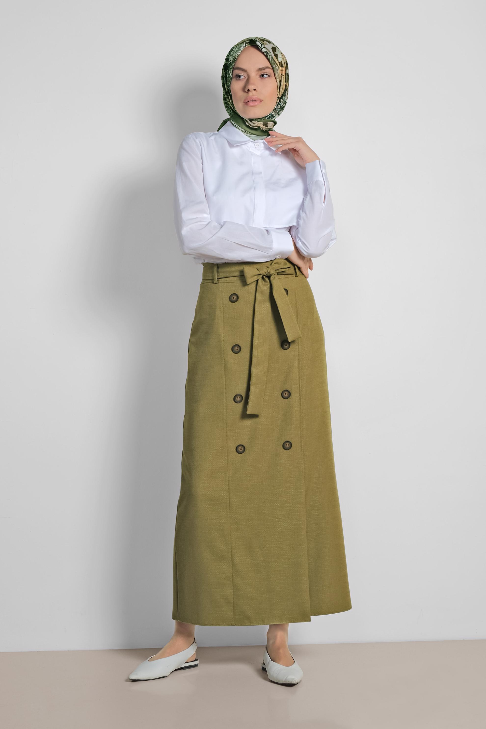 Tesettür giyim YEŞİL BELİ BAĞCIKLI DÜĞME DETAYLI ETEK 6371