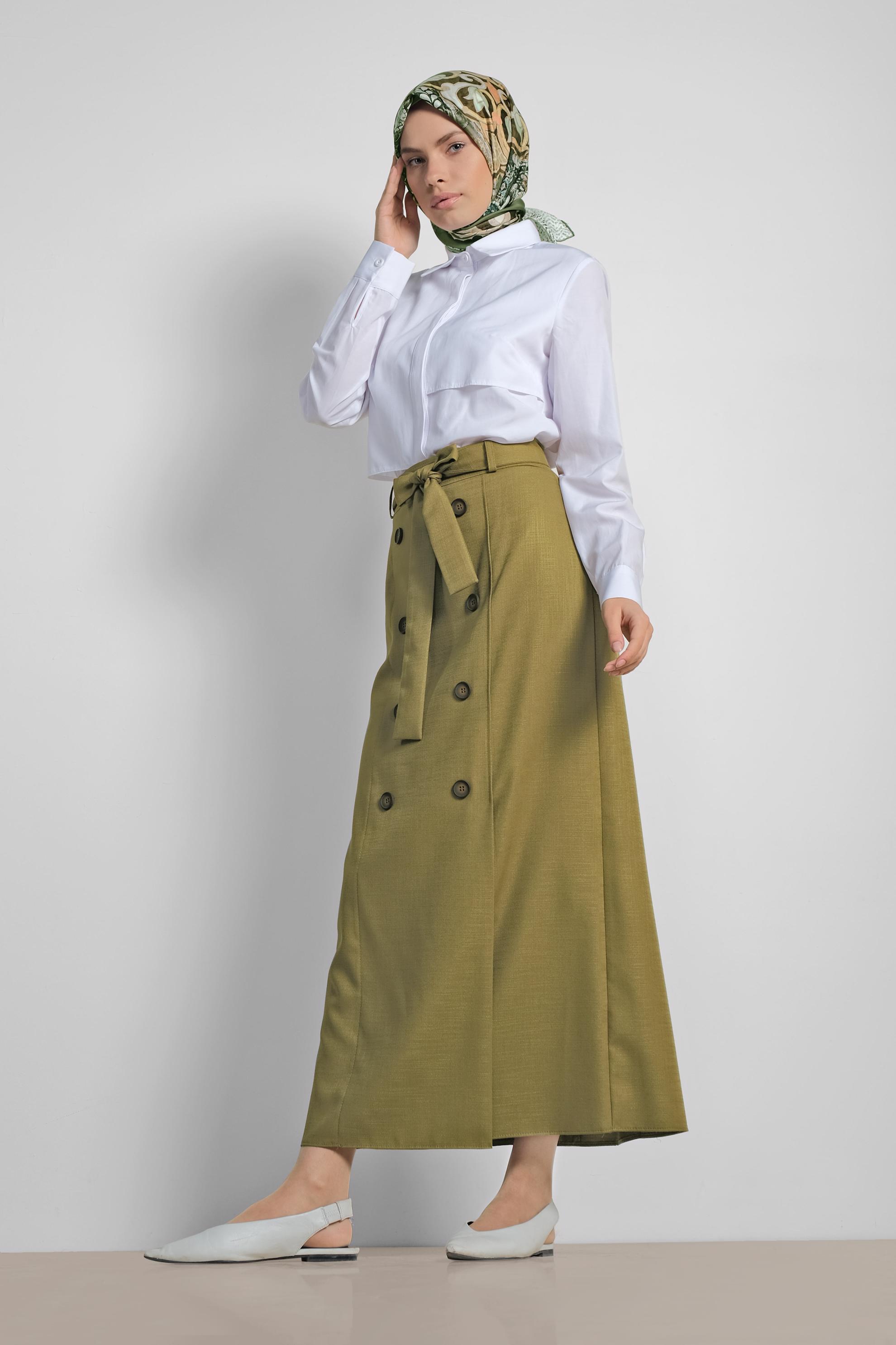 Tesettür giyim YEŞİL BELİ BAĞCIKLI DÜĞME DETAYLI ETEK 6371