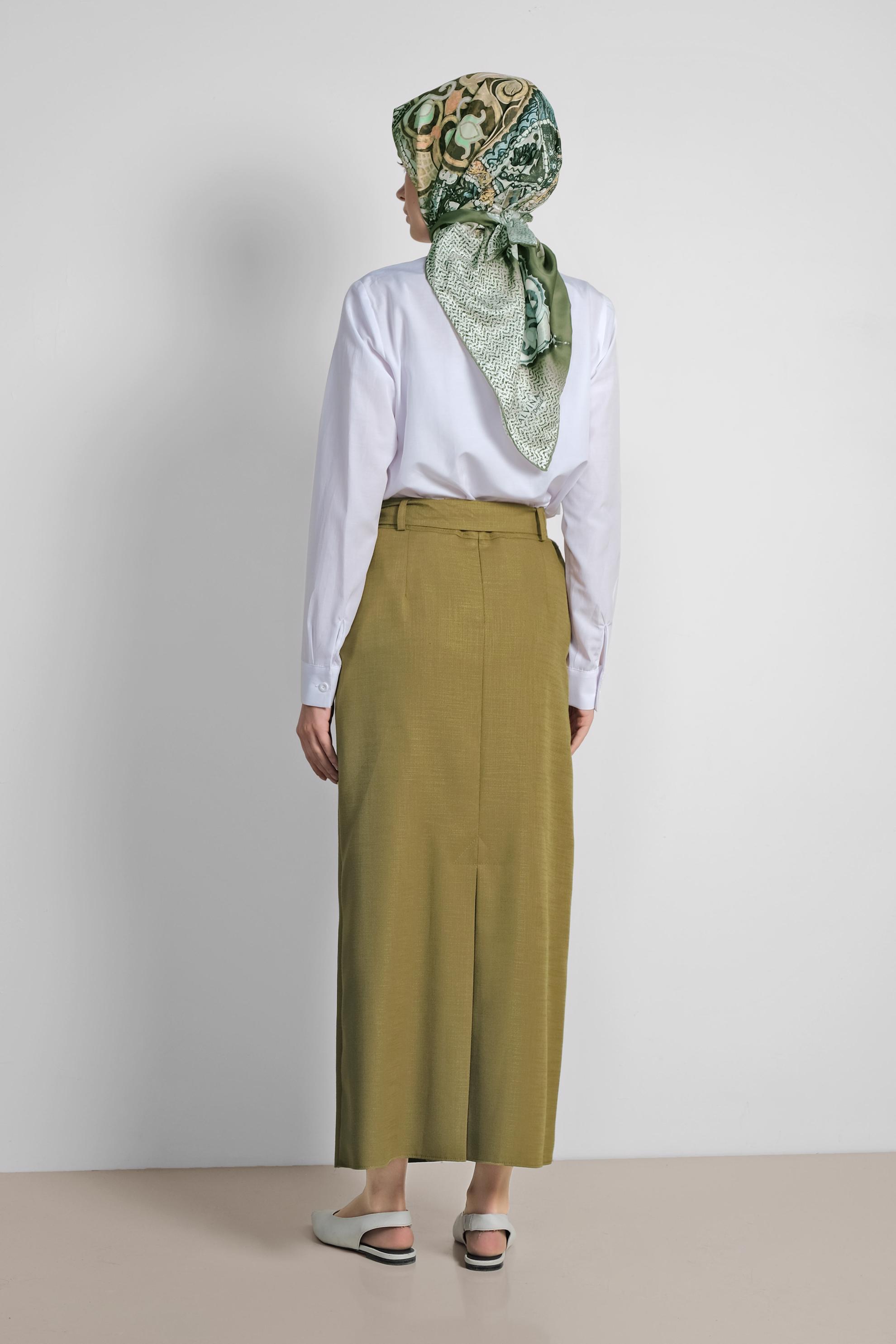 Tesettür giyim YEŞİL BELİ BAĞCIKLI DÜĞME DETAYLI ETEK 6371