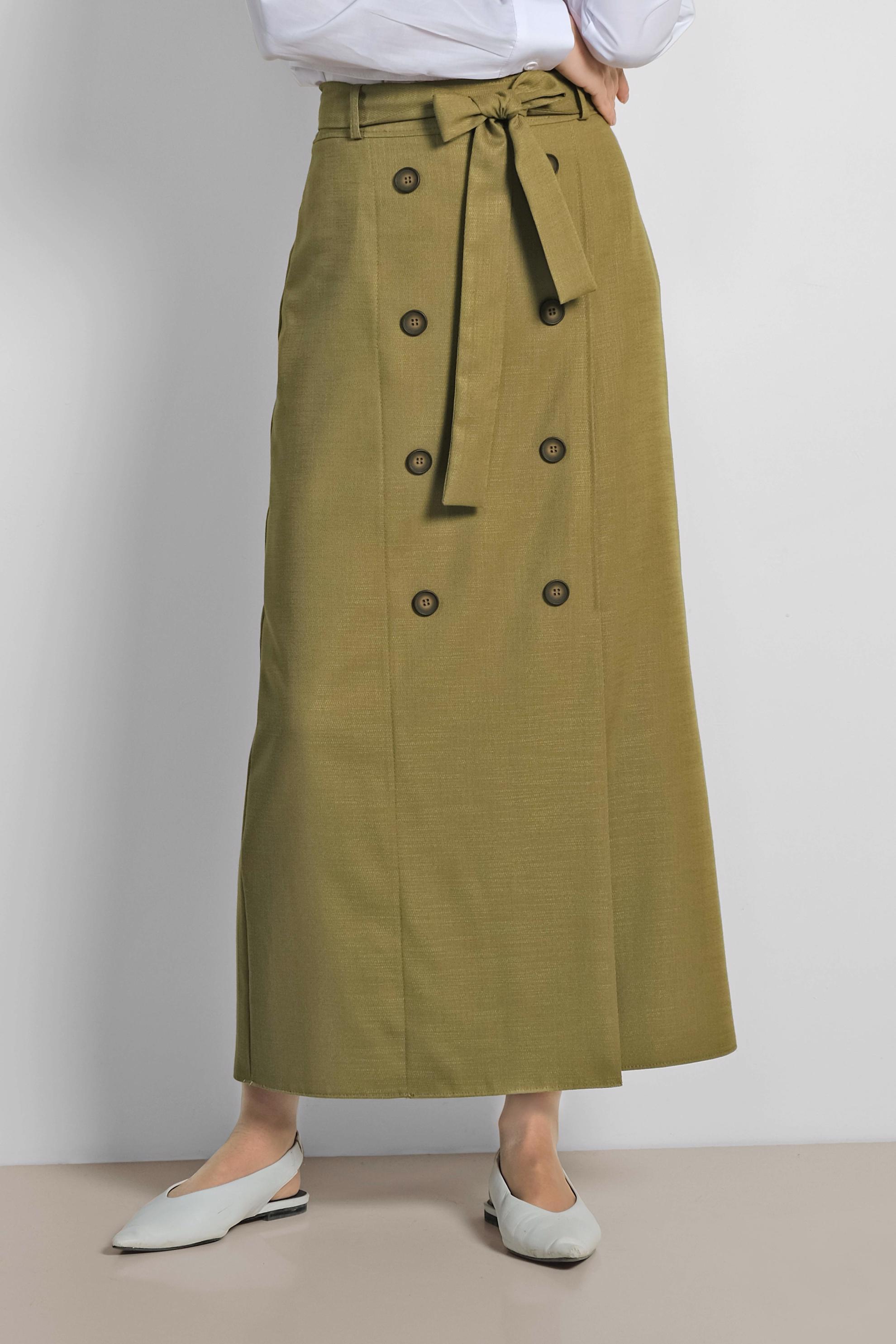 Tesettür giyim YEŞİL BELİ BAĞCIKLI DÜĞME DETAYLI ETEK 6371