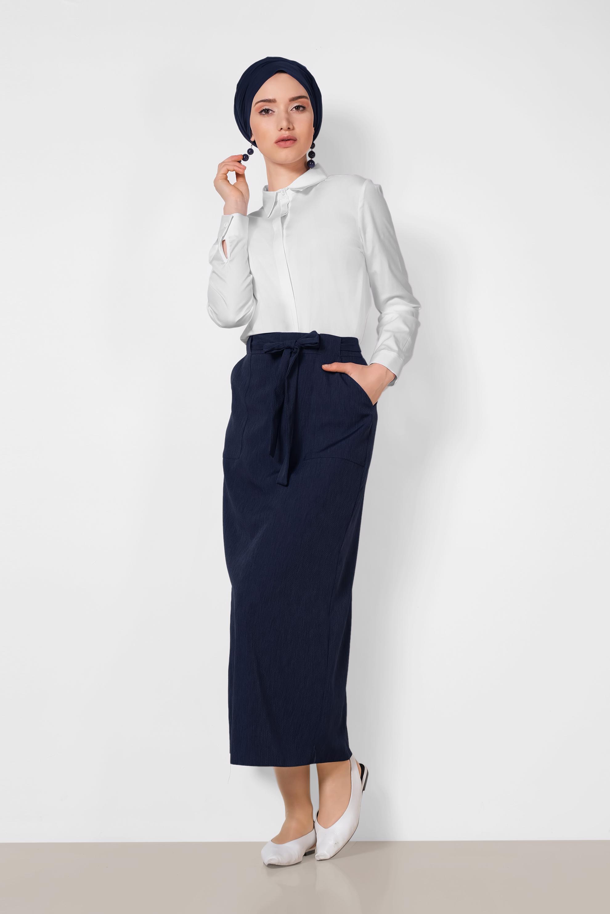 Tesettür giyim LACİVERT BELDEN BAĞCIKLI ETEK 6372