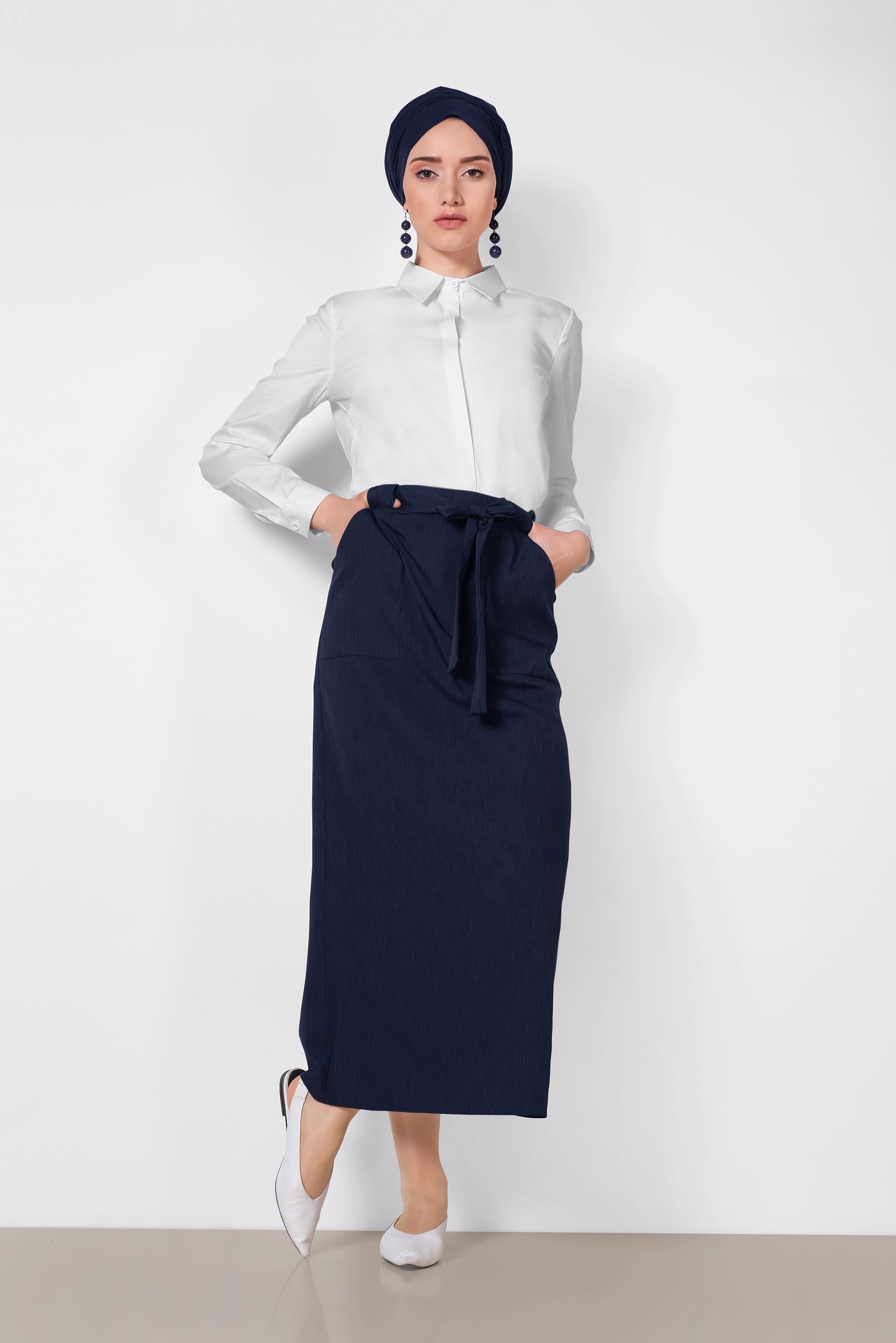 Tesettür giyim LACİVERT BELDEN BAĞCIKLI ETEK 6372