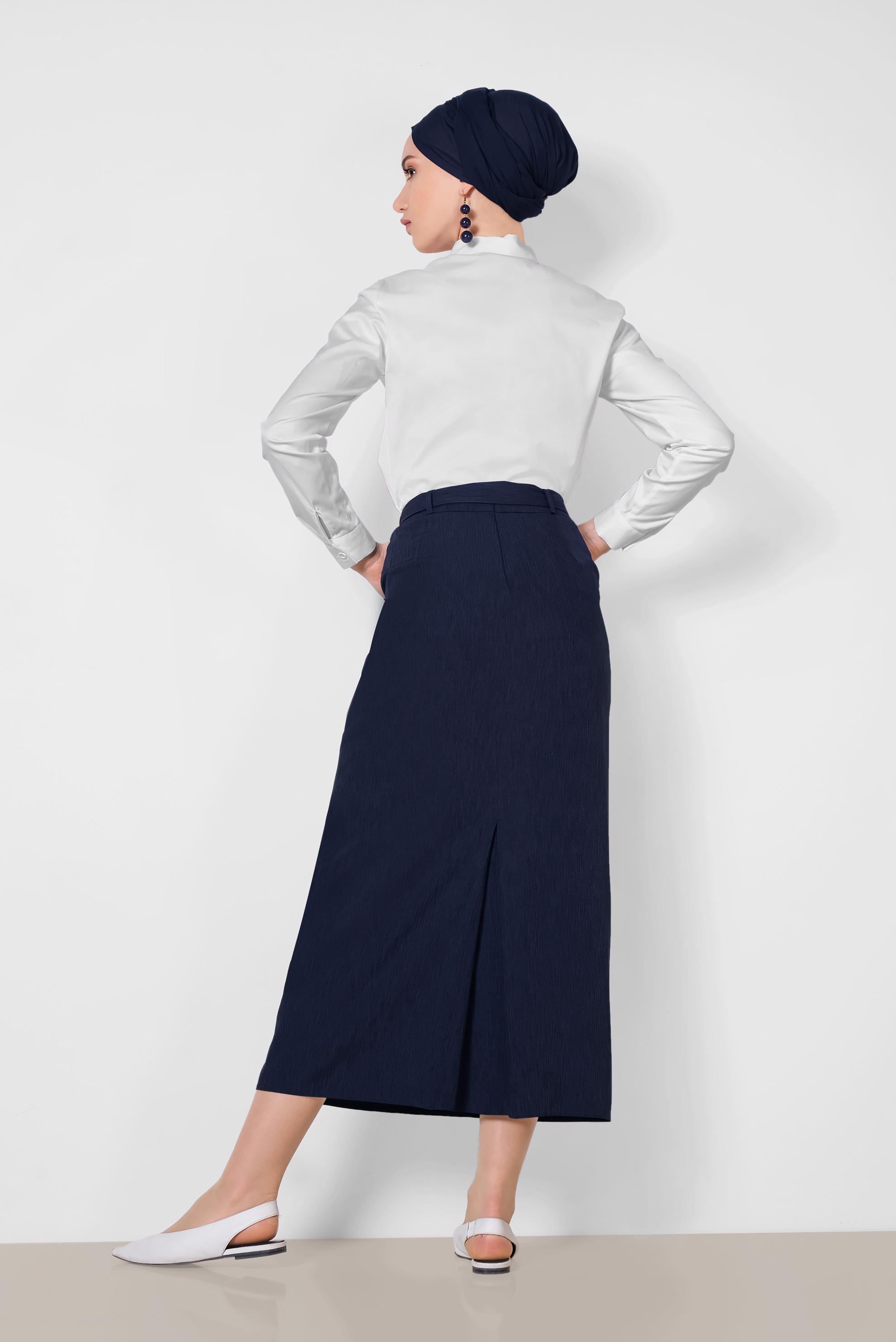 Tesettür giyim LACİVERT BELDEN BAĞCIKLI ETEK 6372