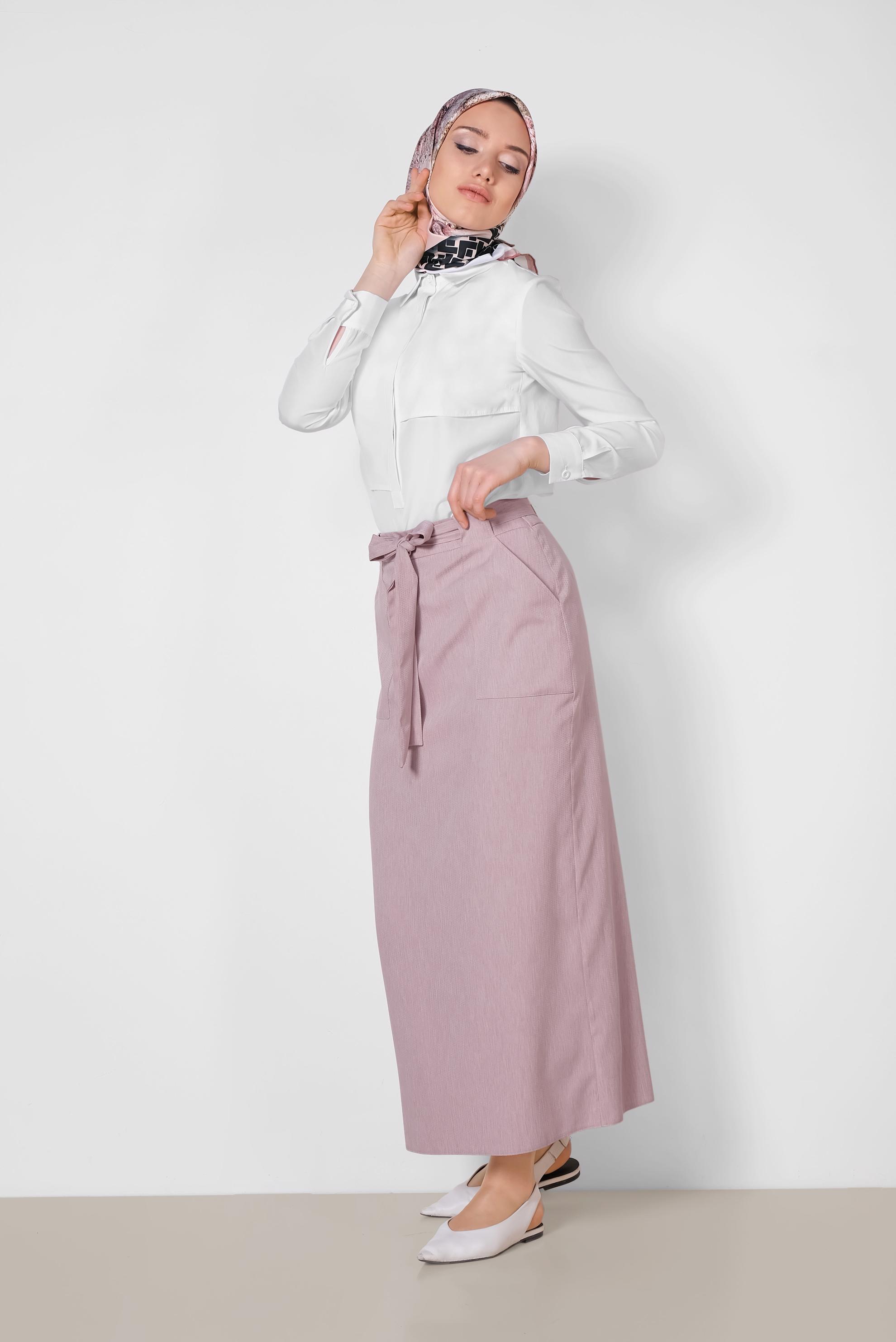 Tesettür giyim PUDRA BELDEN BAĞCIKLI ETEK 6372