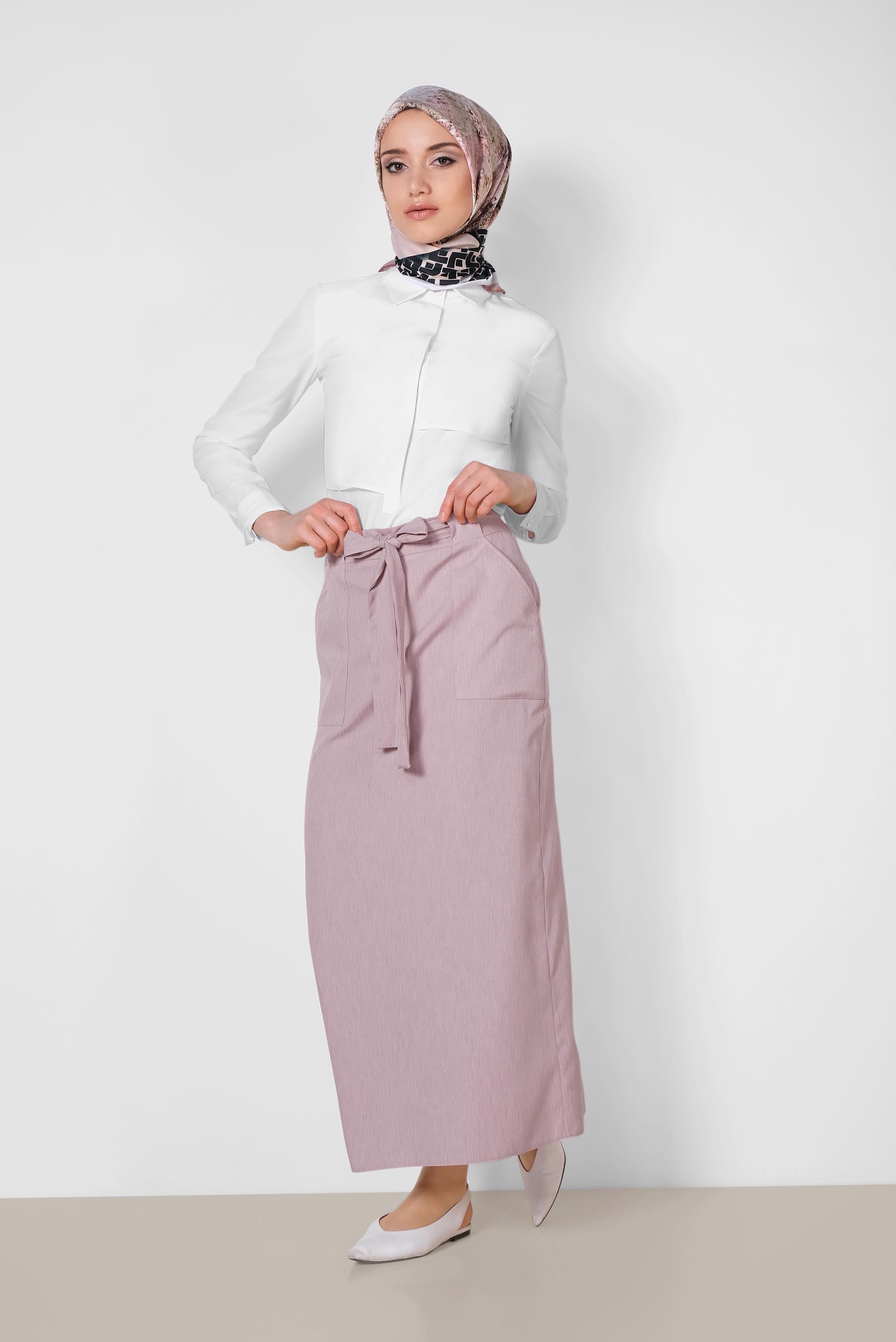 Tesettür giyim PUDRA BELDEN BAĞCIKLI ETEK 6372