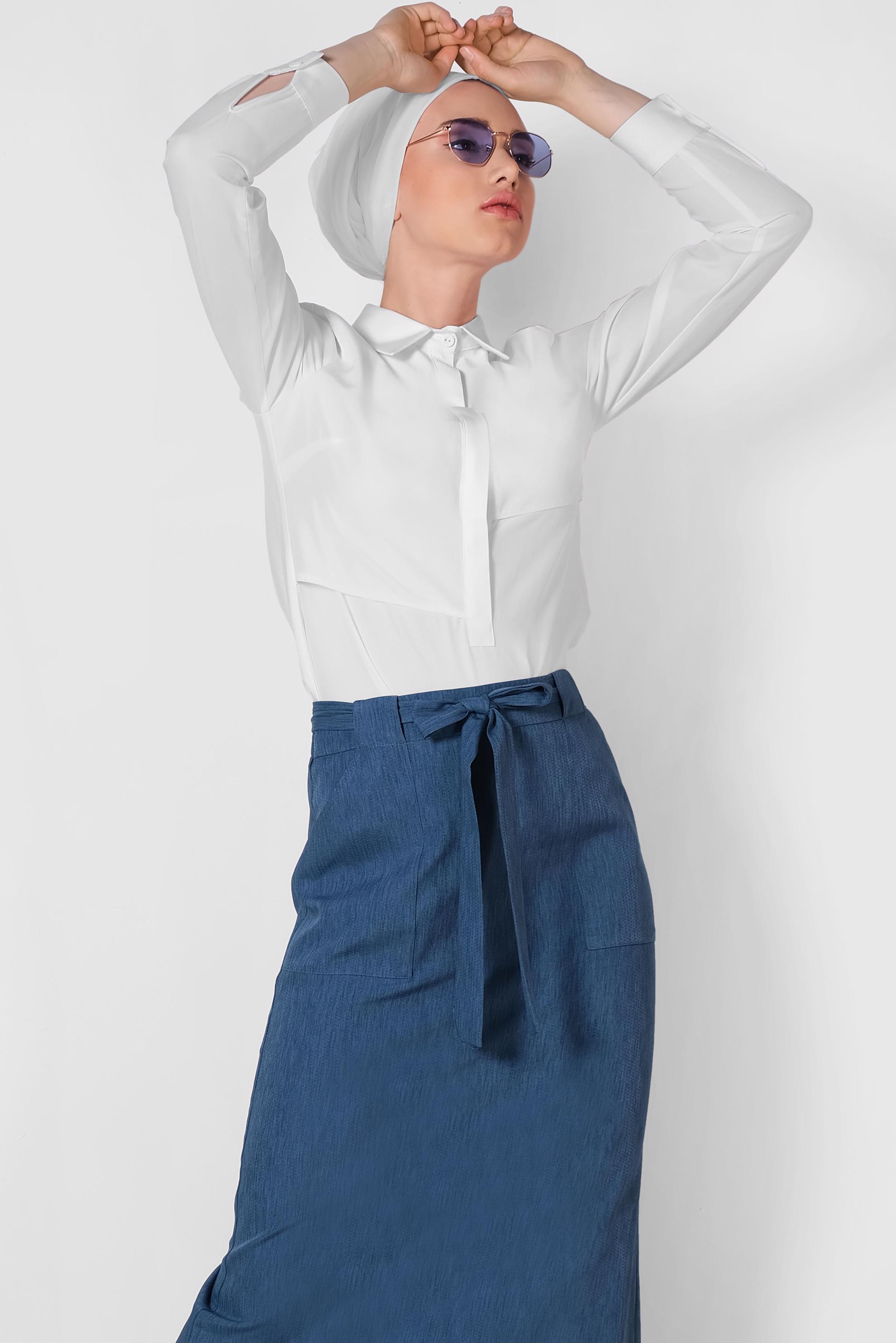 Tesettür giyim LACİVERT BELDEN BAĞCIKLI ETEK 6372