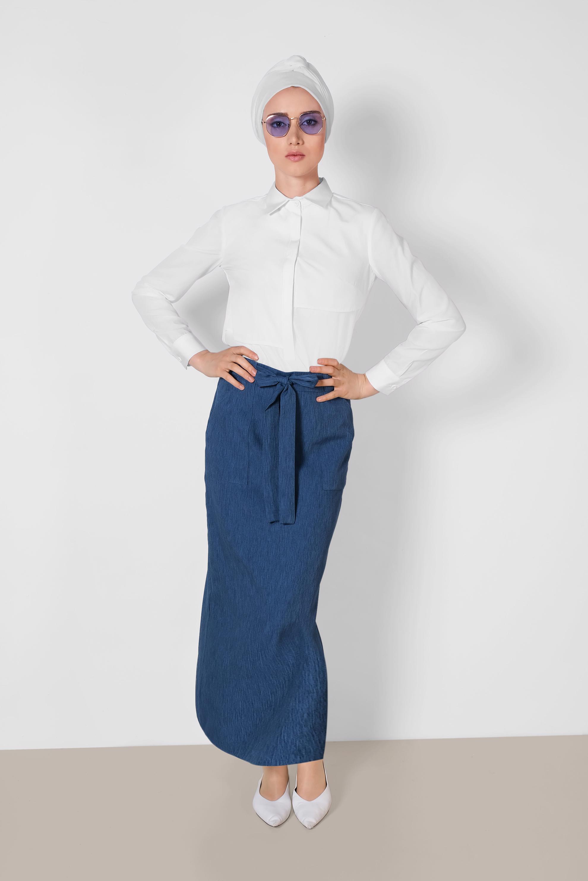 Tesettür giyim LACİVERT BELDEN BAĞCIKLI ETEK 6372