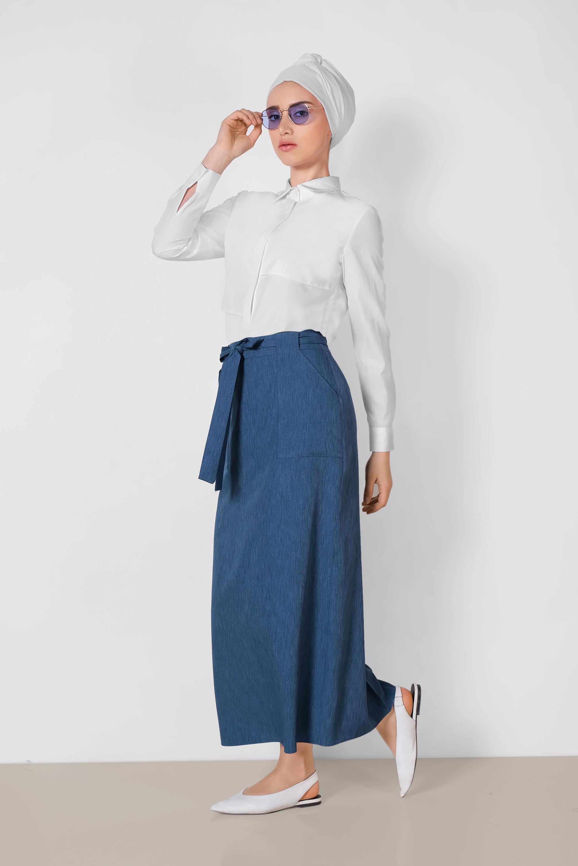 Tesettür giyim LACİVERT BELDEN BAĞCIKLI ETEK 6372