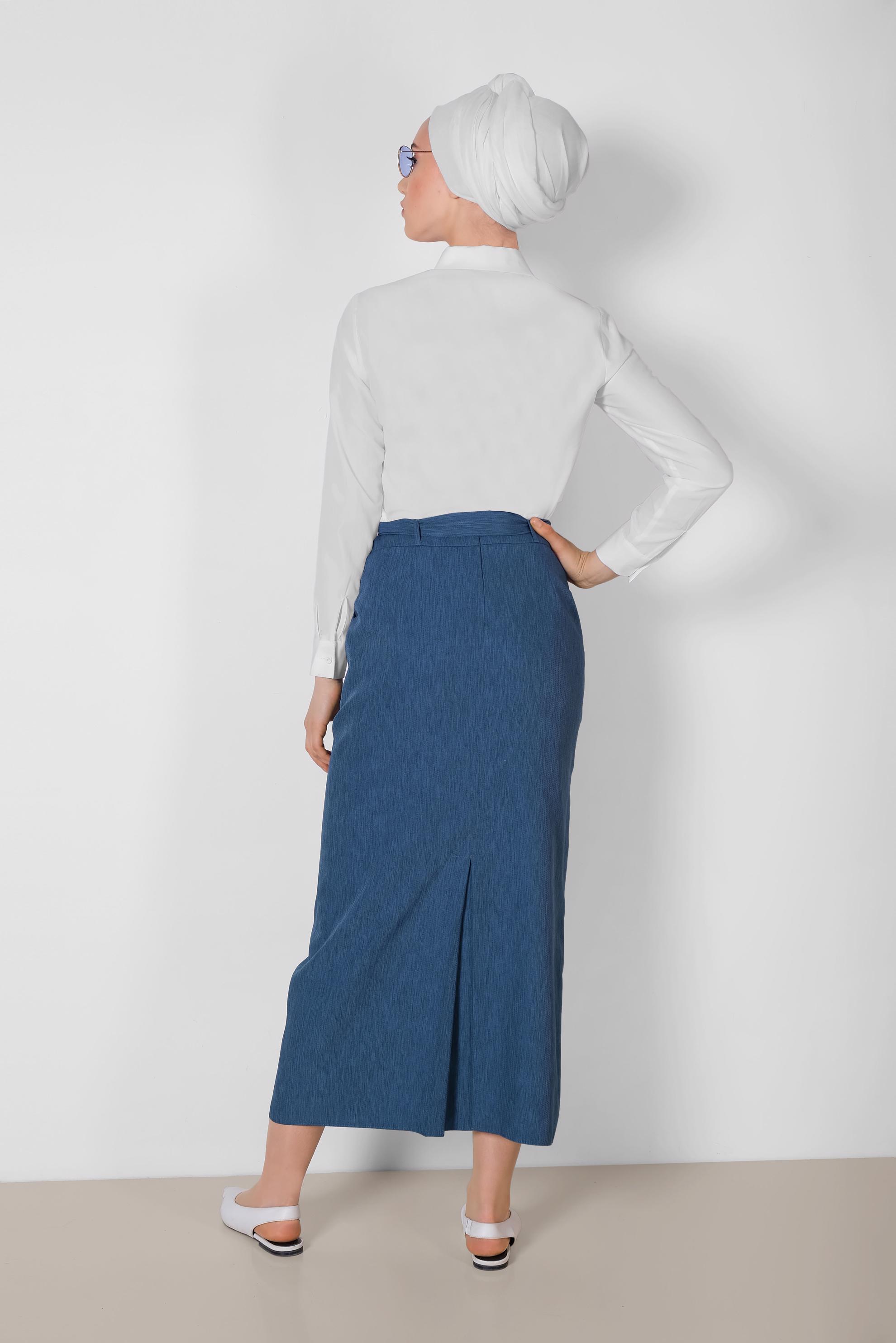 Tesettür giyim LACİVERT BELDEN BAĞCIKLI ETEK 6372