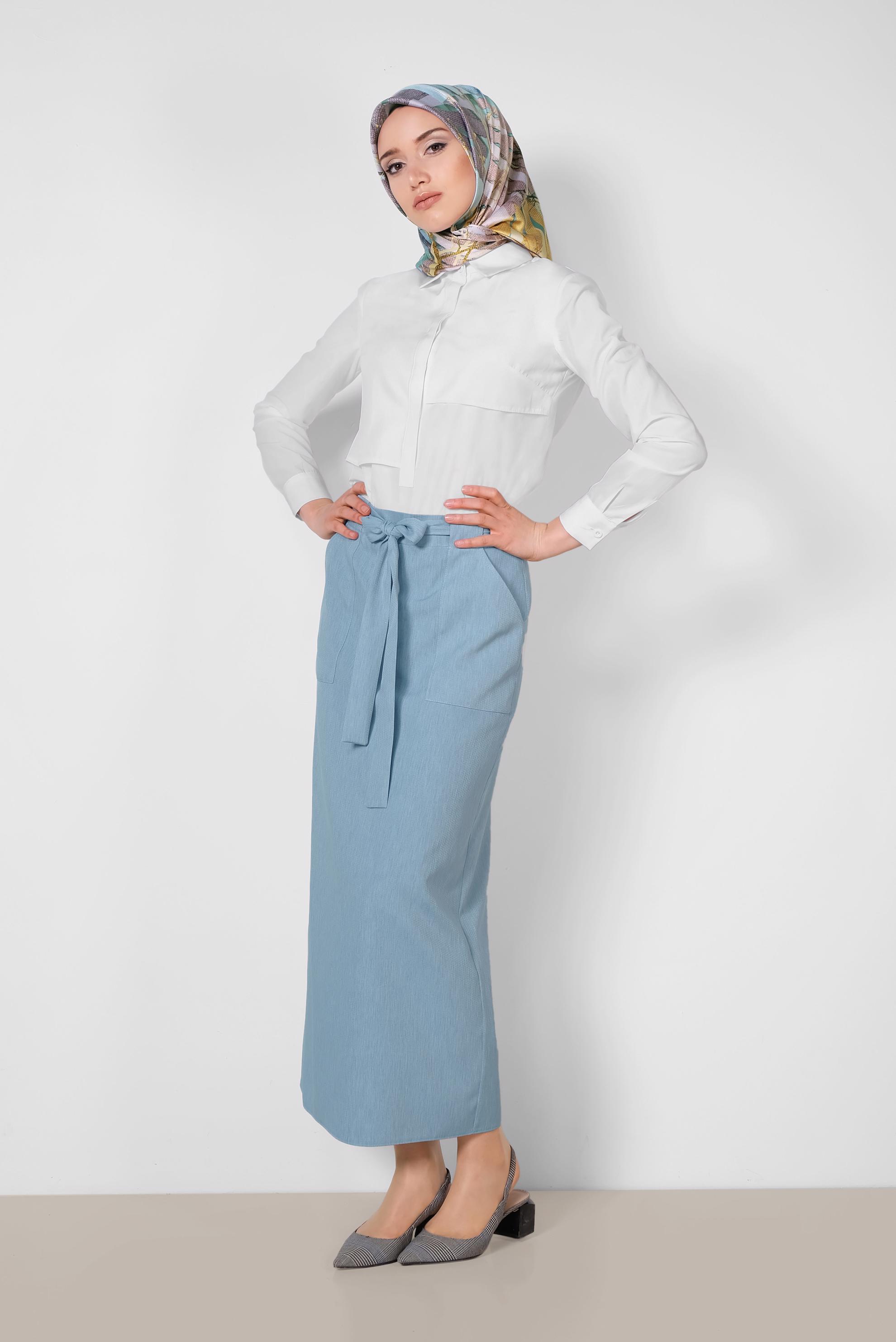 Tesettür giyim MAVİ BELDEN BAĞCIKLI ETEK 6372