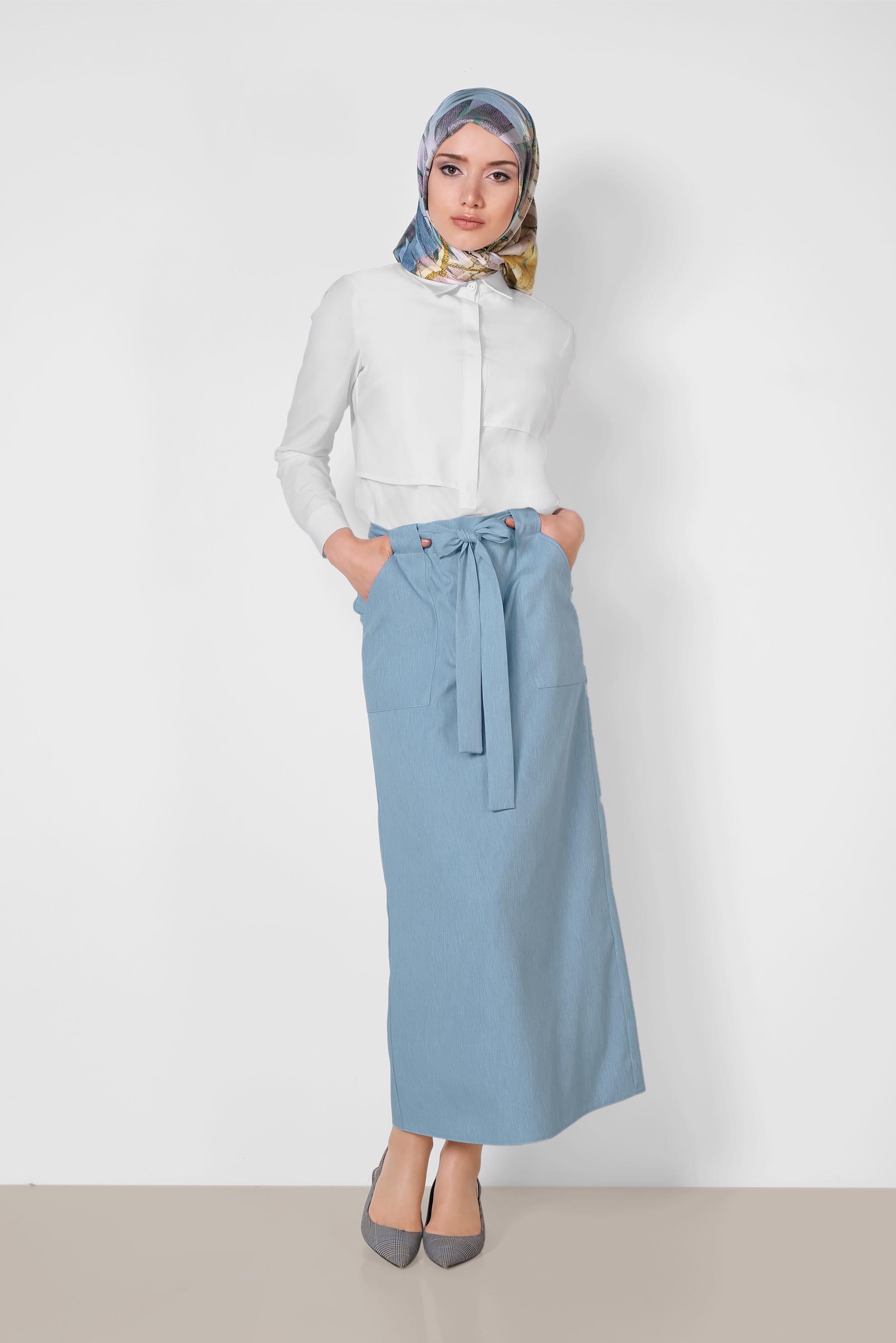 Tesettür giyim MAVİ BELDEN BAĞCIKLI ETEK 6372